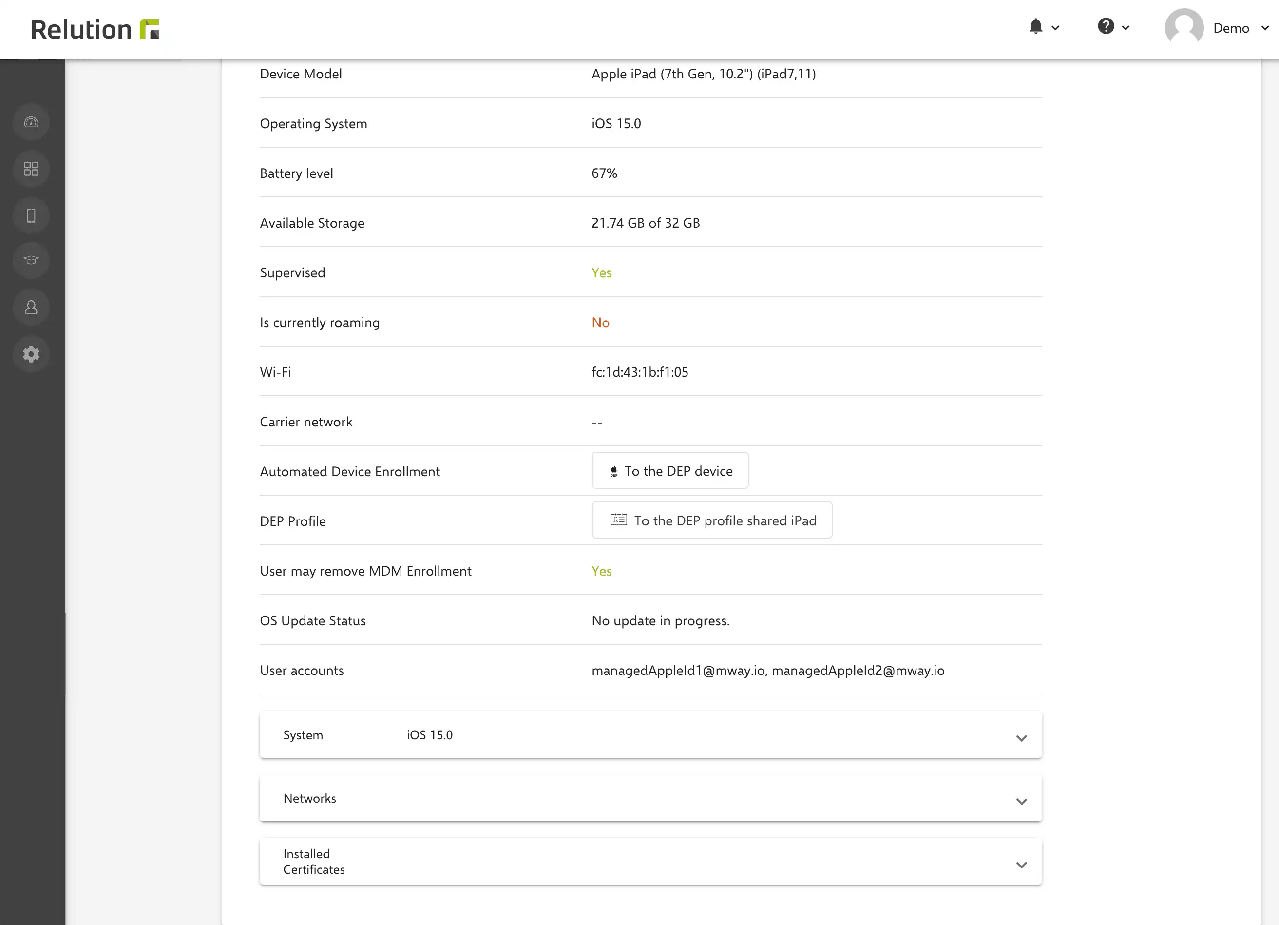 Visualización de los detalles del usuario en Relution que muestra el sistema operativo, el modelo del dispositivo y la información de almacenamiento