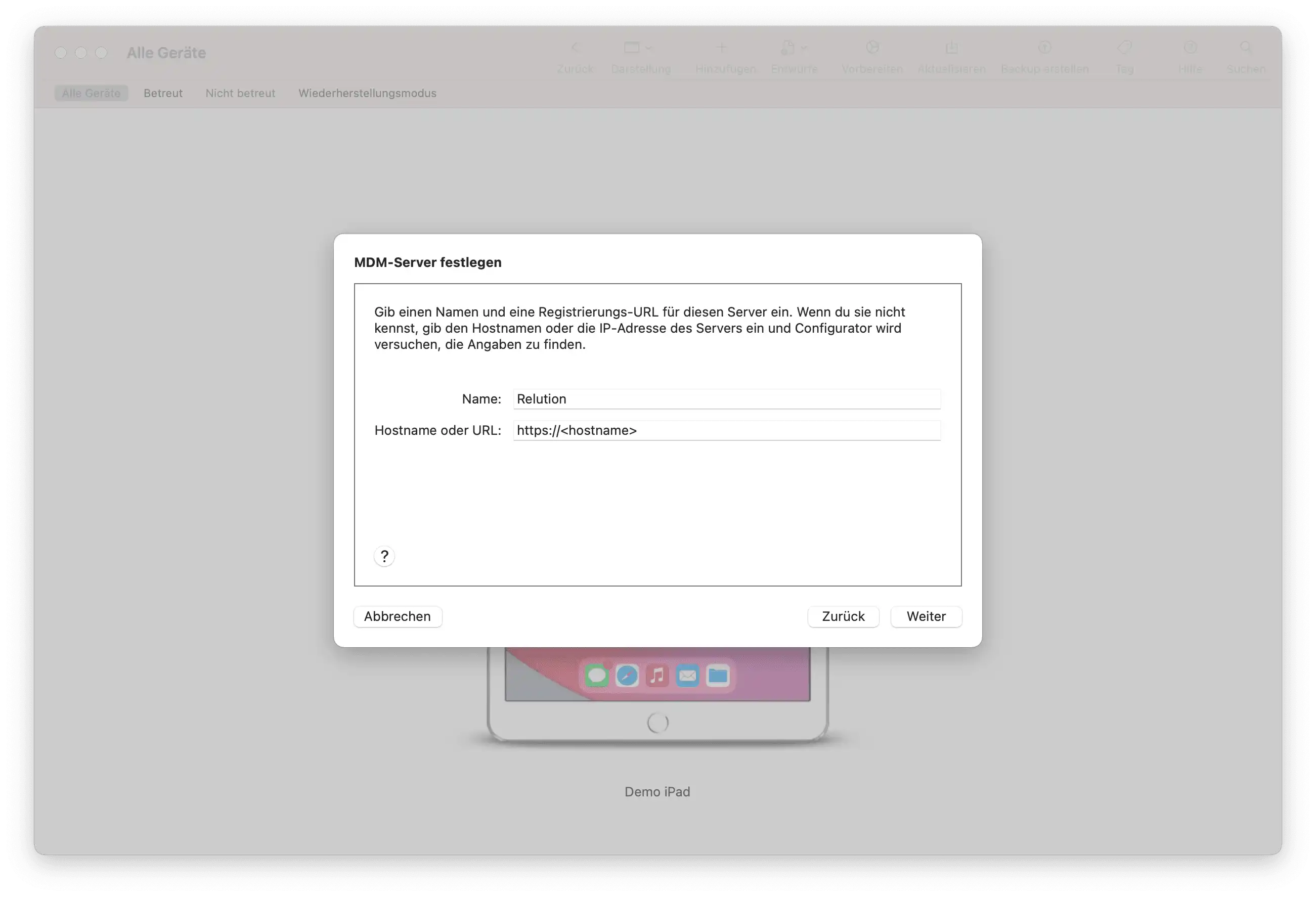 Screenshot der Eingabemaske im Apple Configurator 2 zur Definition von Name und URL des Relution-Servers, inklusive spezifischem Pfad für tvOS-Geräte