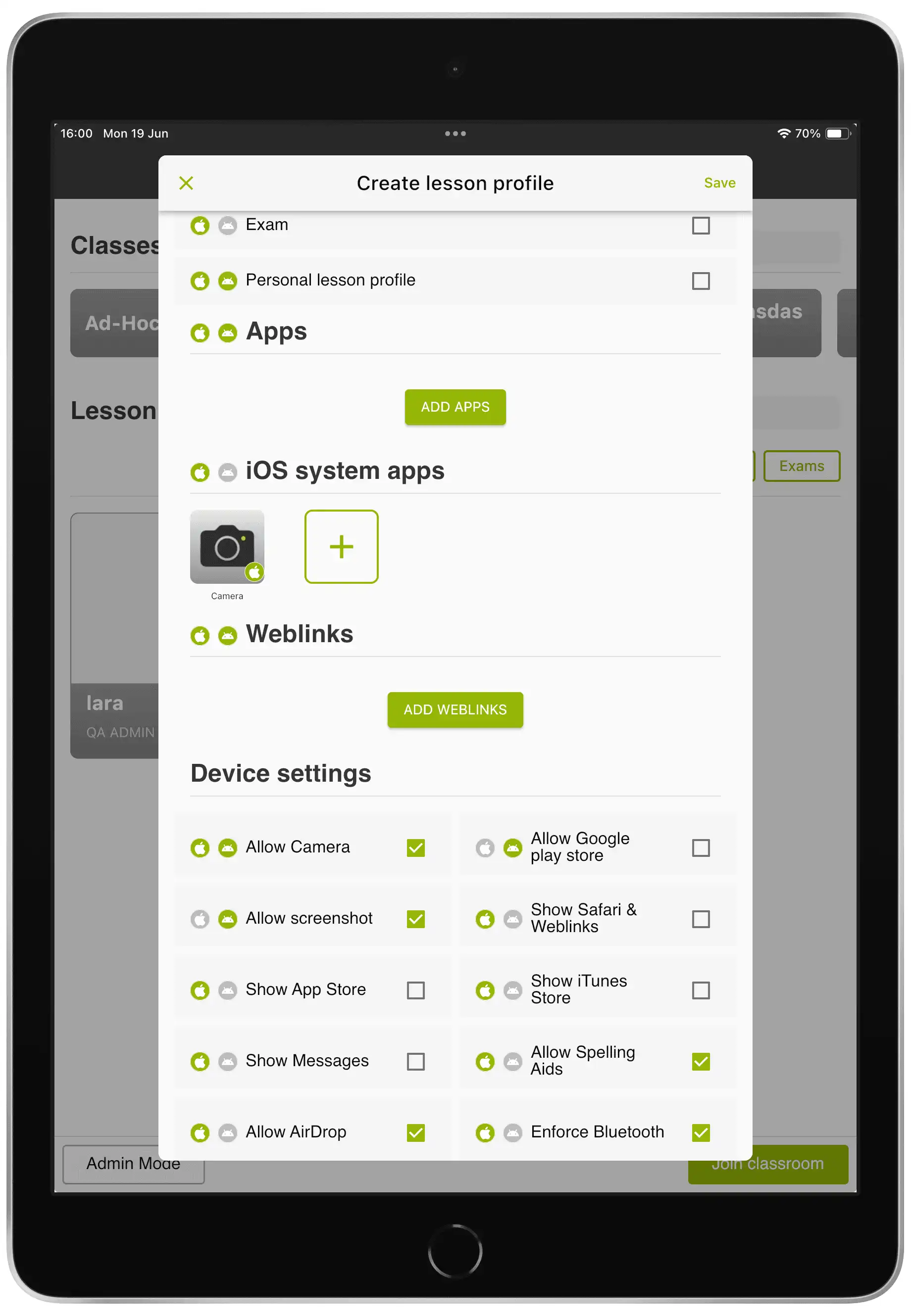 Aplicación Relution Teacher versión 5.14.5 con una función para activar Bluetooth al comenzar una clase, configurable en un subperfil