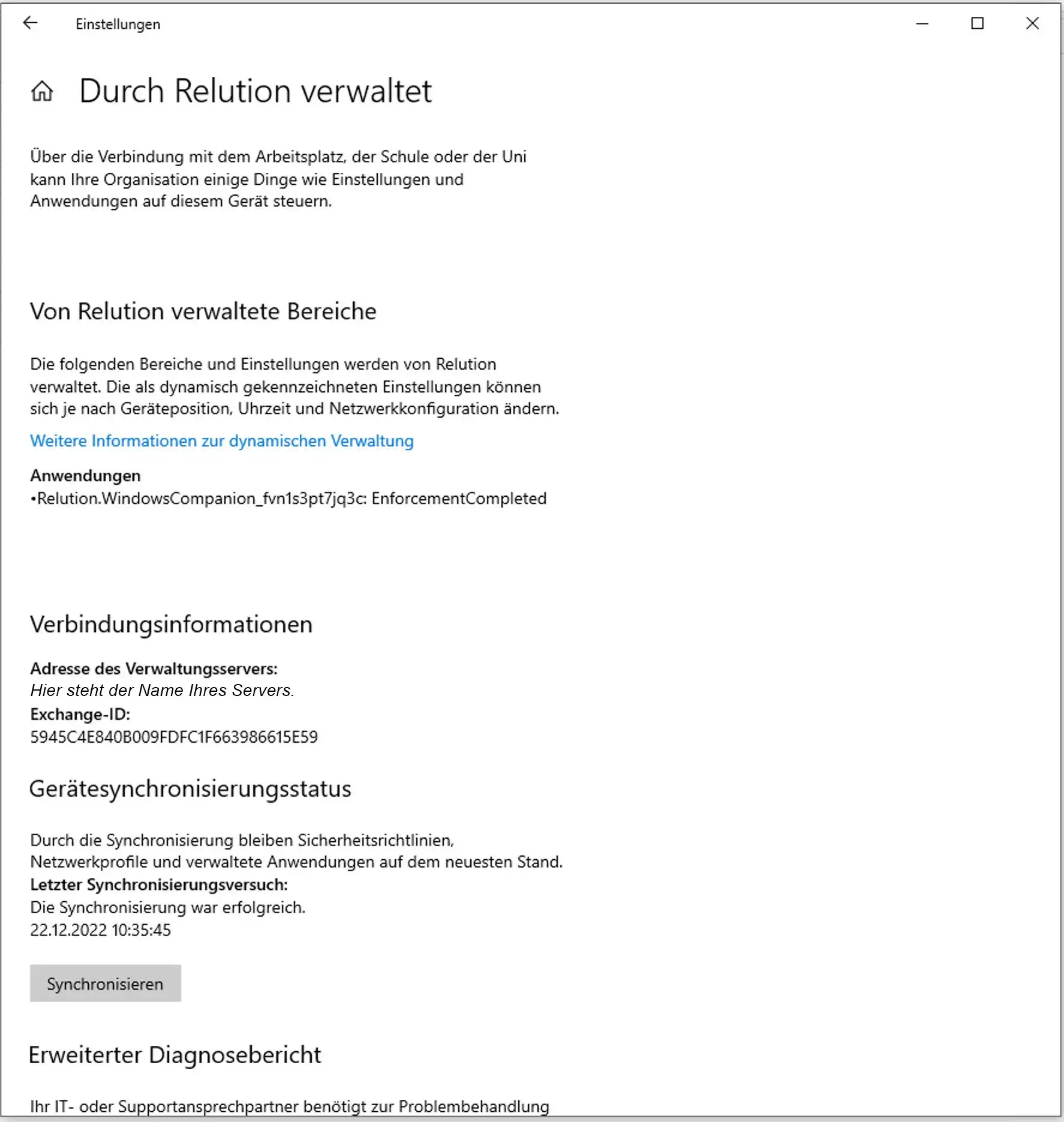 Einstellungen auf einem Windows-Gerät mit der Anzeige „Mit Relution verbunden“ nach der erfolgreichen Installation des Relution Companion für Windows