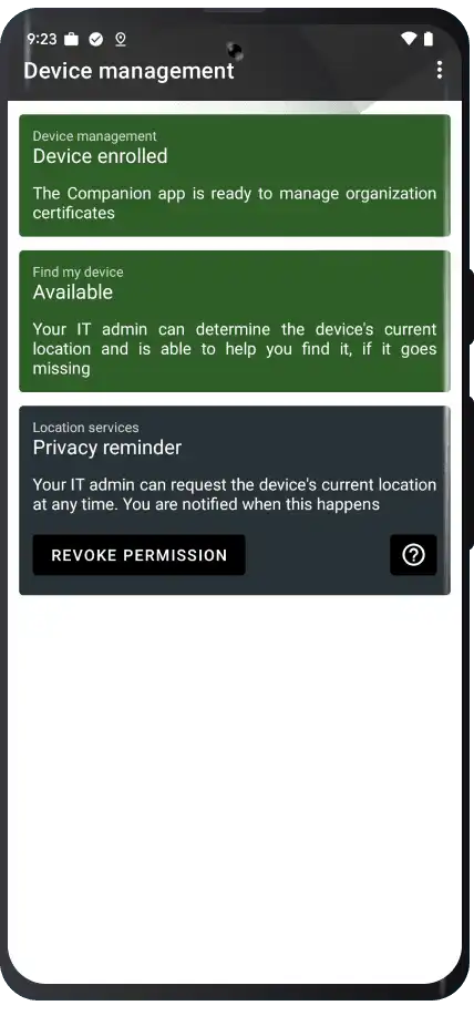 Display of the Relution Companion app on an Android Enterprise device with notes on device management, find my device, and location services