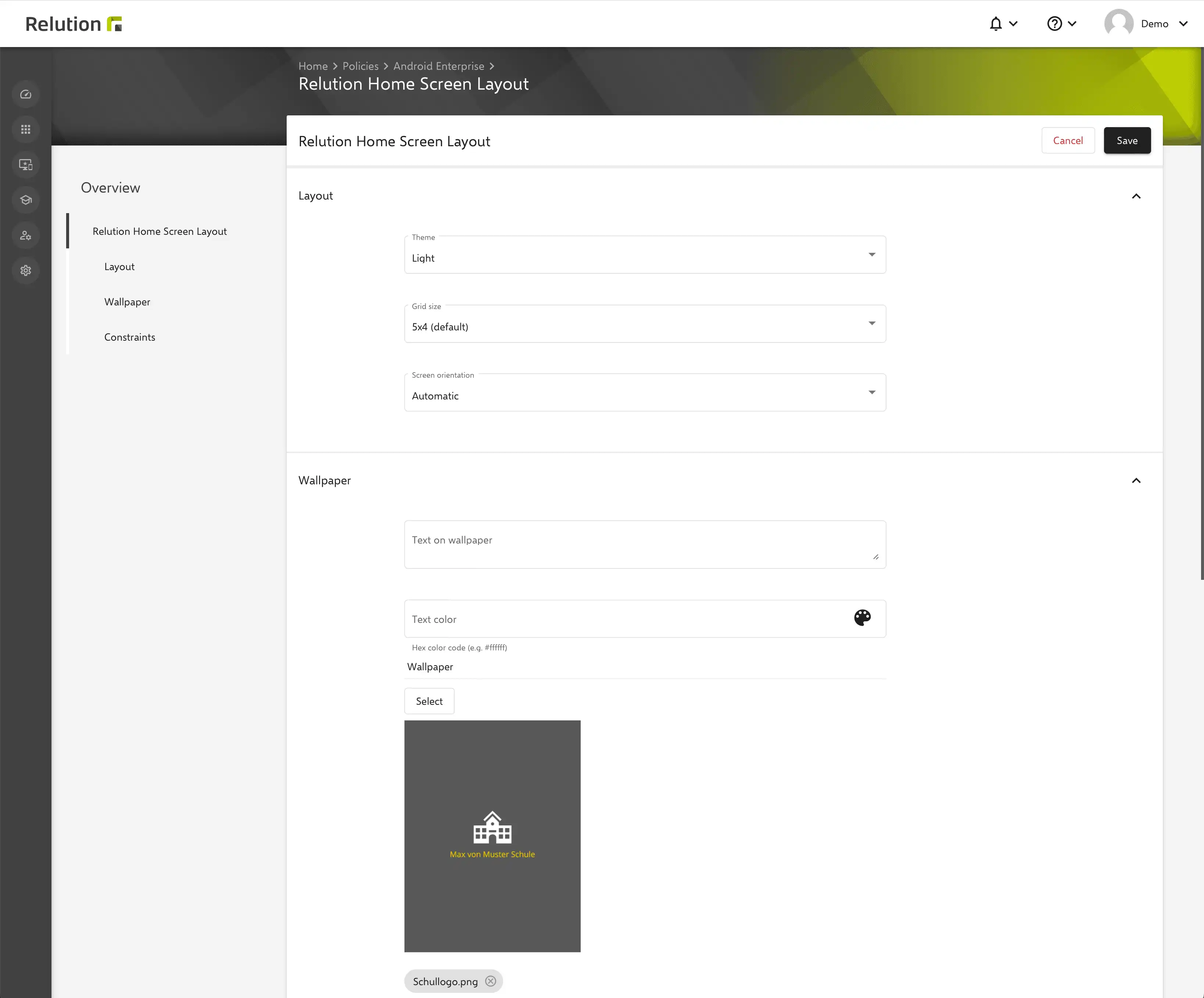 Belirlenmiş bir uygulama sırası ve sabit düzen ile Android Enterprise ana ekran düzeninin Relution'da yapılandırılması
