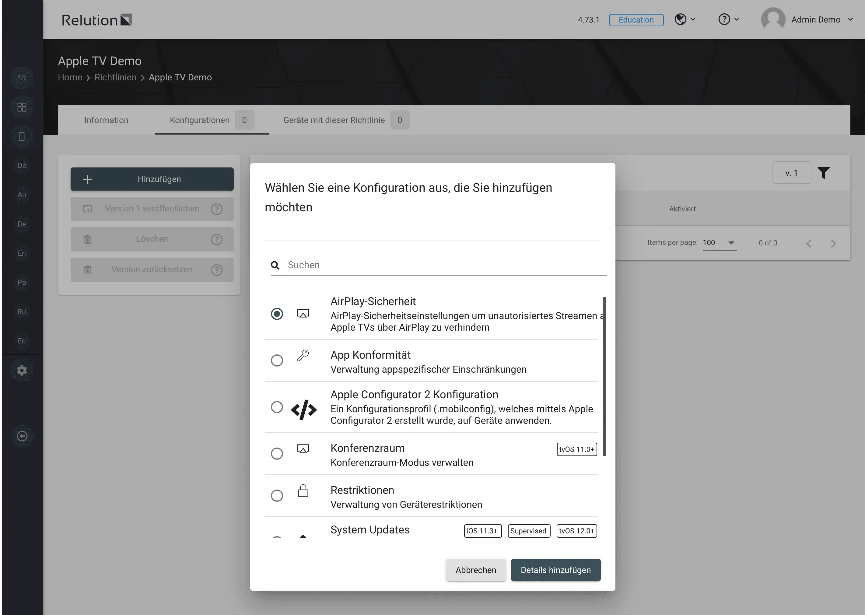 Erstellung tvOS-spezifischer Konfigurationen innerhalb einer Richtlinie in Relution