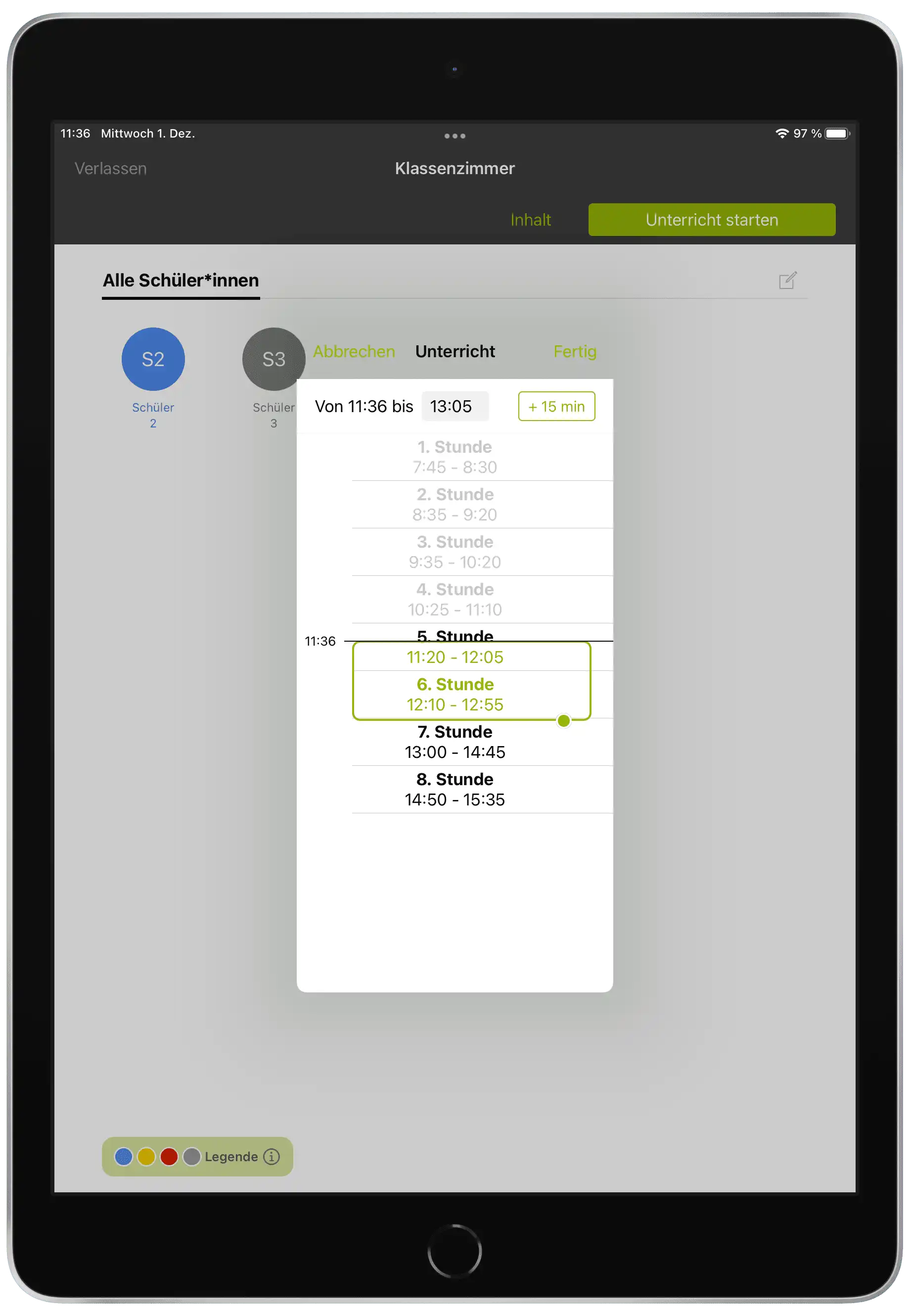Oberfläche in der Relution Teacher App, um die Unterrichtsdauer über die Schaltfläche „+15 Min“ oder durch Ziehen der Auswahl zu verlängern