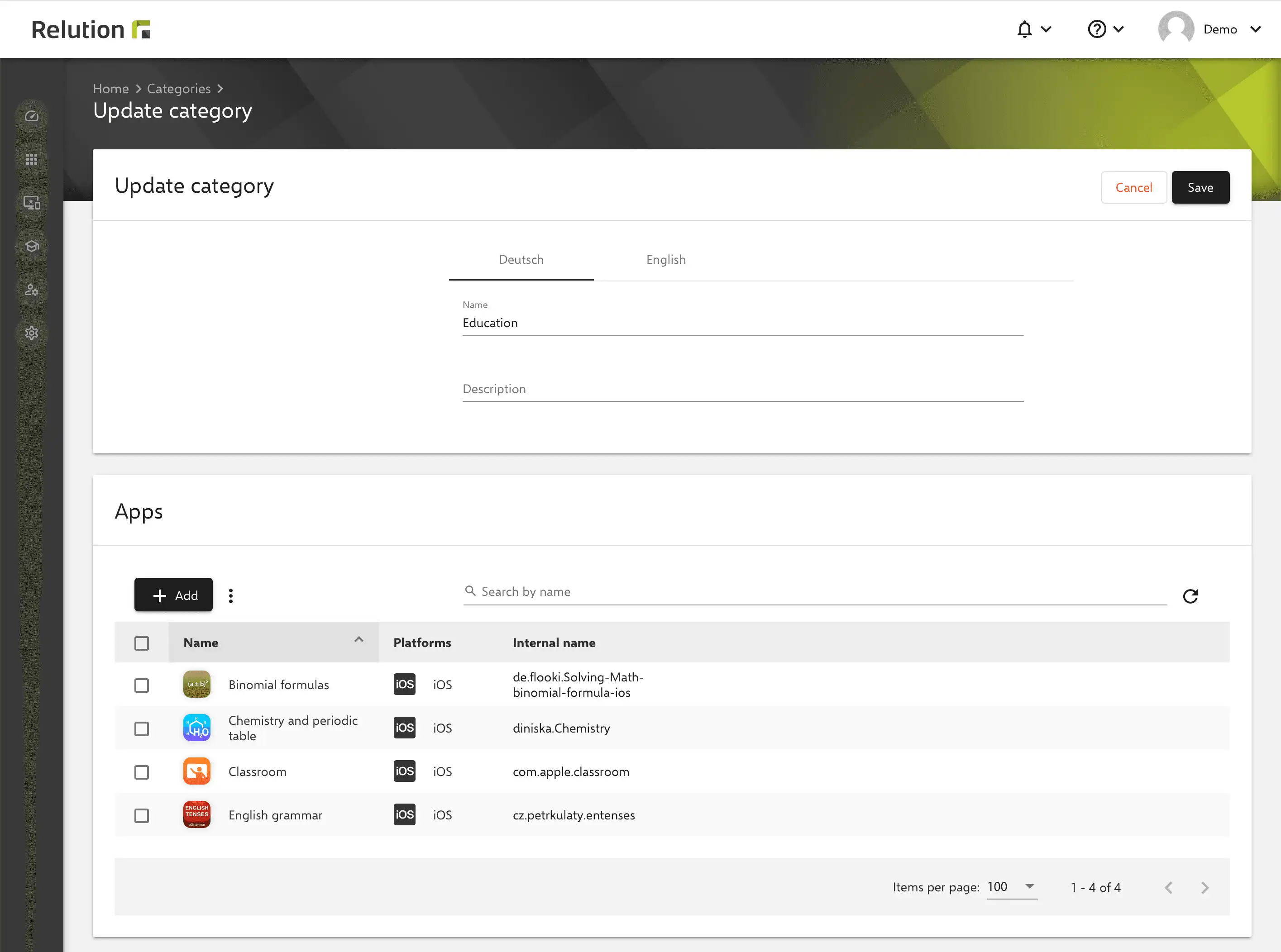 Detail view of an app category in Relution with the option to directly add apps or modify individual app details through the settings