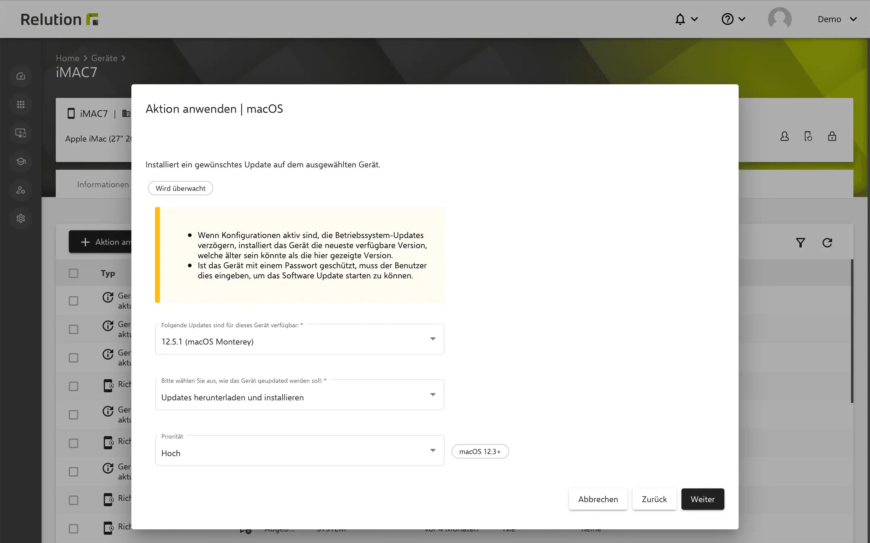 Aktion „Update installieren“ in Relution zur manuellen Aktualisierung von macOS-Geräten auf eine neue Betriebssystemversion