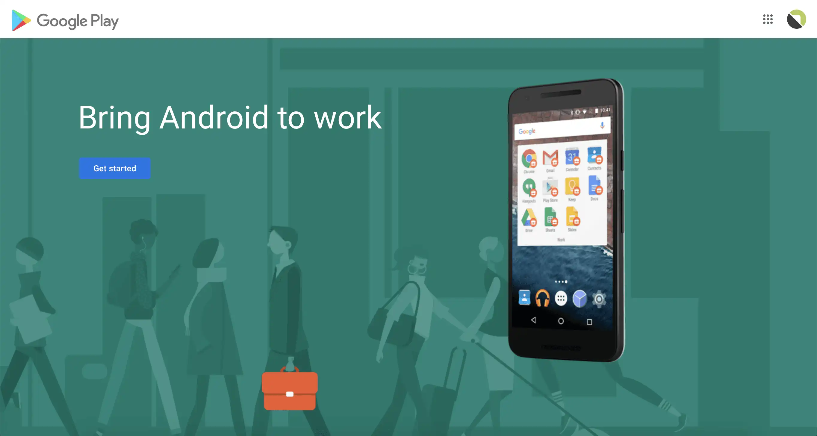Görünür Google uygulamaları ve solunda "İş için Android kullan" yazısıyla bir mobil telefonun görüntüsü