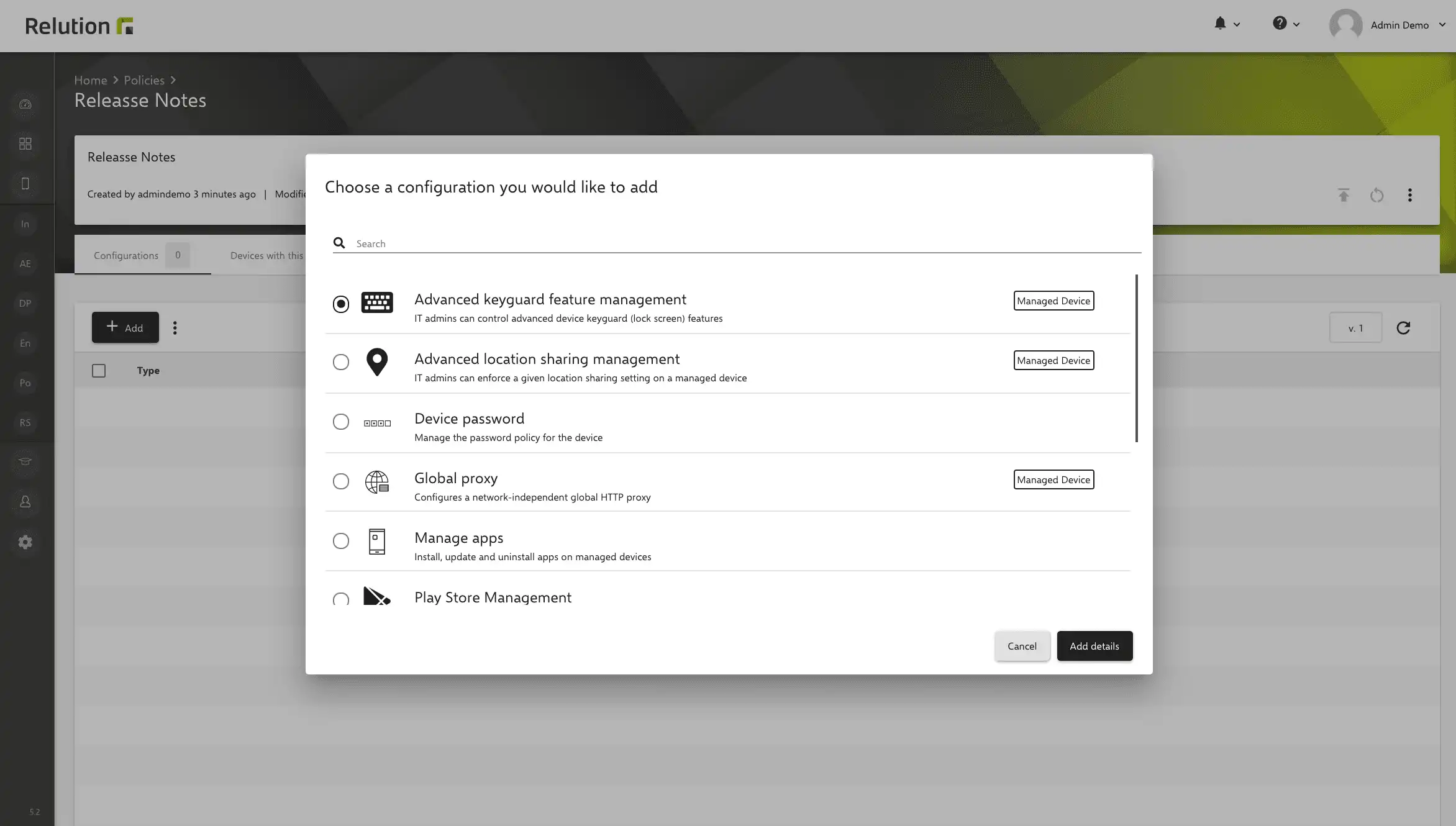 Vista di configurazione di Relution per dispositivi Android Enterprise con opzioni per il profilo di lavoro e dispositivi gestiti, incluse impostazioni come autorizzazioni di runtime, app e restrizioni