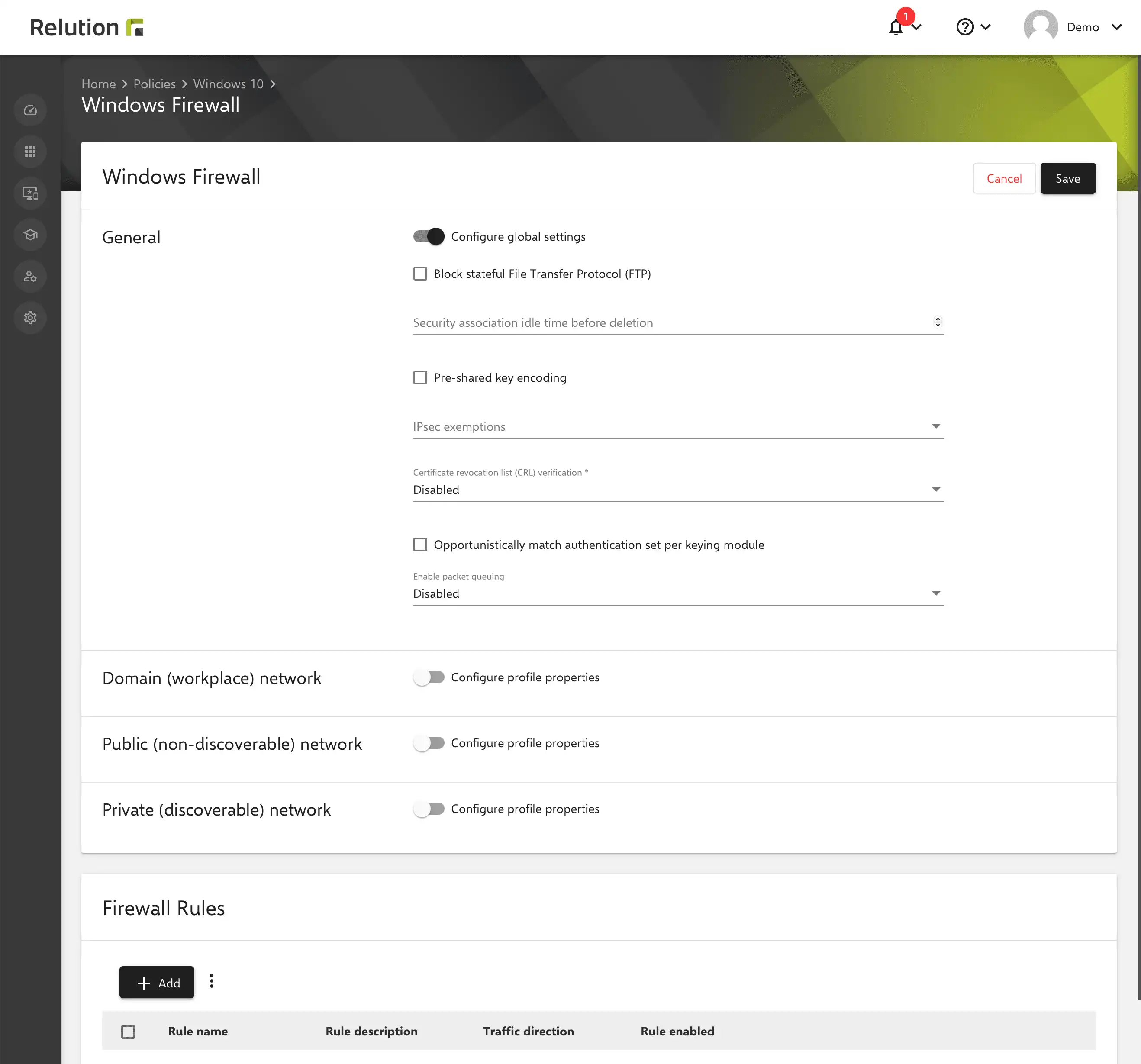 Preconfigurazione del firewall di Windows in Relution per proteggere i computer e il traffico di rete dalle minacce esterne