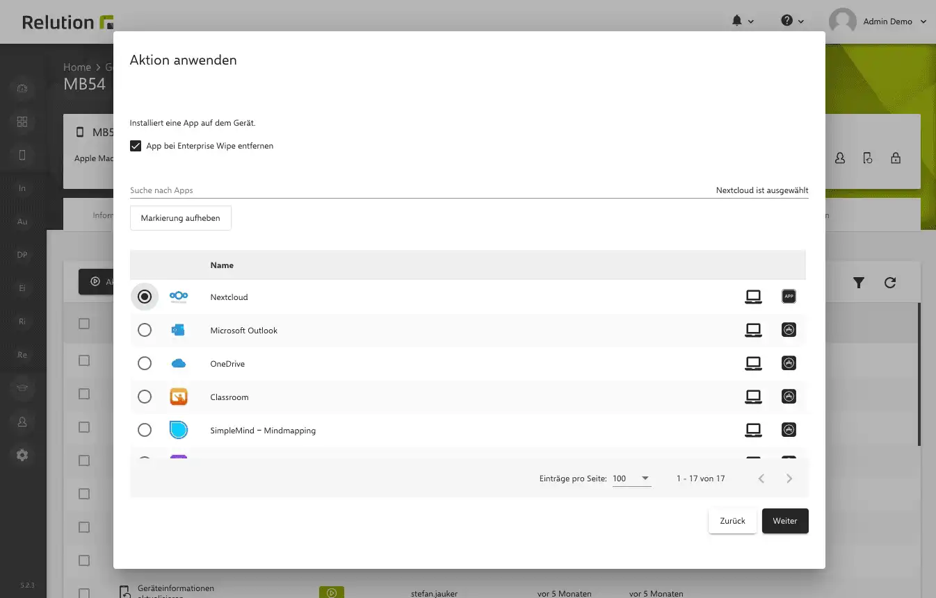 Konfigurationsansicht in Relution zur zentralen Installation von .pkg Dateien und Apps aus dem Apple App Store