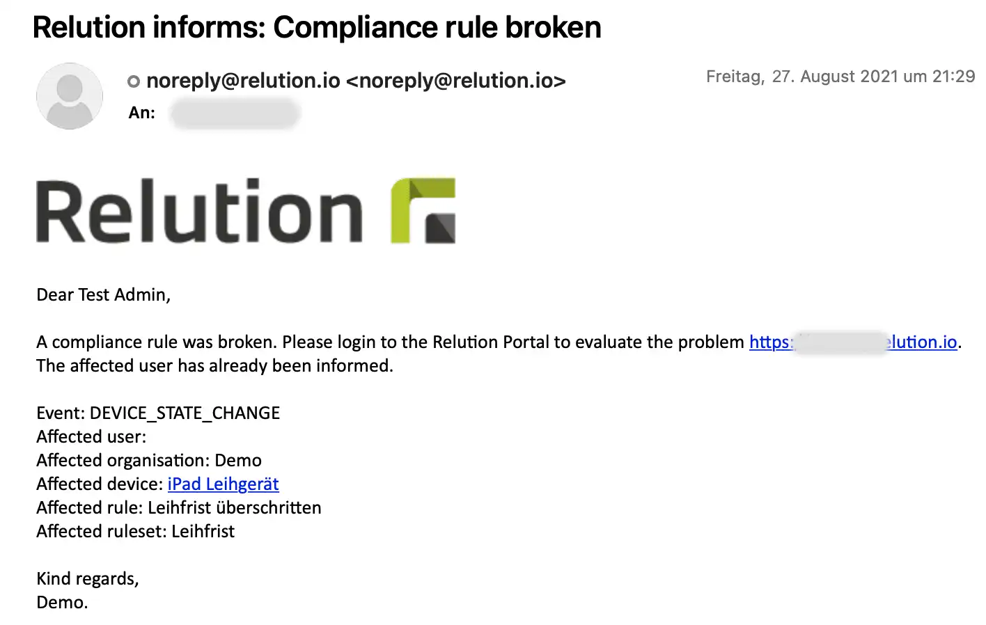 Email généré automatiquement par Relution informant un administrateur d'une violation des politiques de conformité