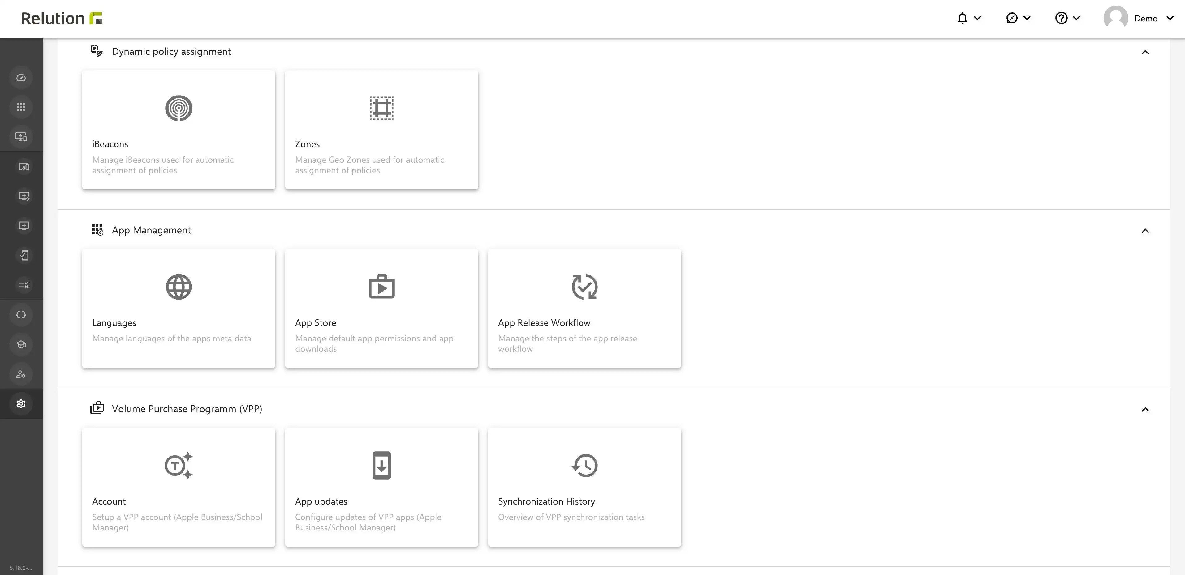 Representation of the new Relution features "iBeacons" and "Zones" within dynamic policy settings