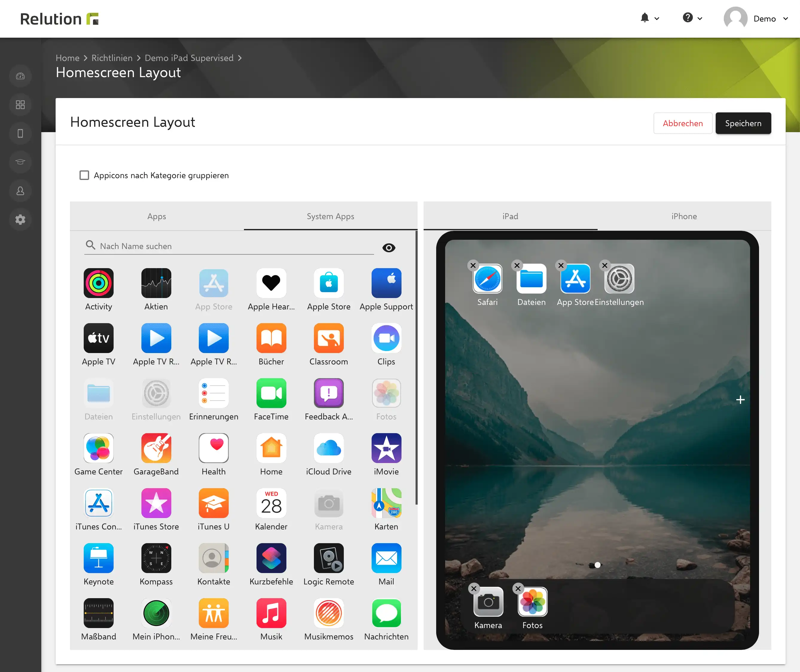 Bedienoberfläche in Relution zur freien Anordnung von App-Icons auf einem iPad oder iPhone durch Drag and Drop, einschließlich System-Apps von Apple und Apps aus dem Relution App Store