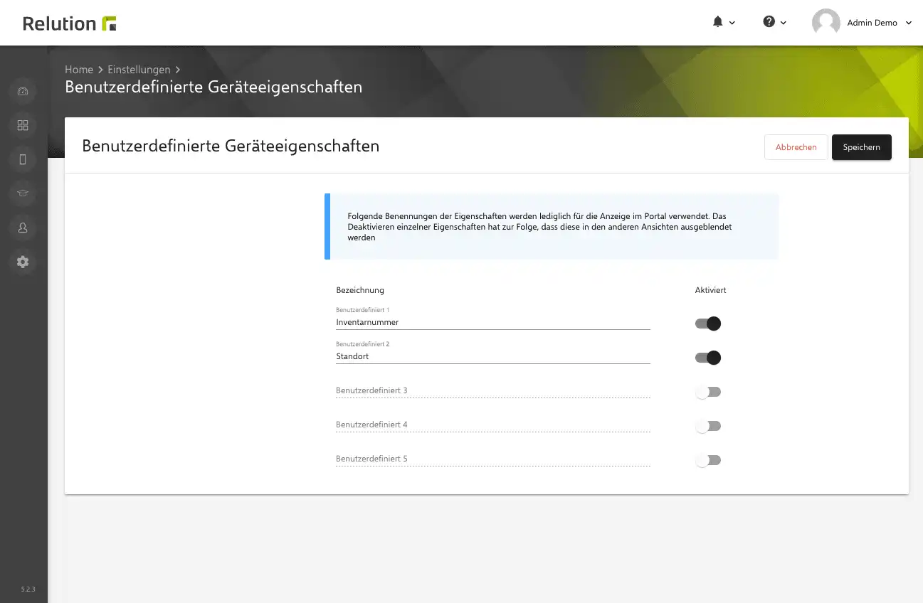 Einstellungsübersicht in Relution zur Aktivierung benutzerdefinierter Attribute für die Erweiterung von Gerätedetails, wie Inventurnummer, Standort oder Garantieablaufdatum