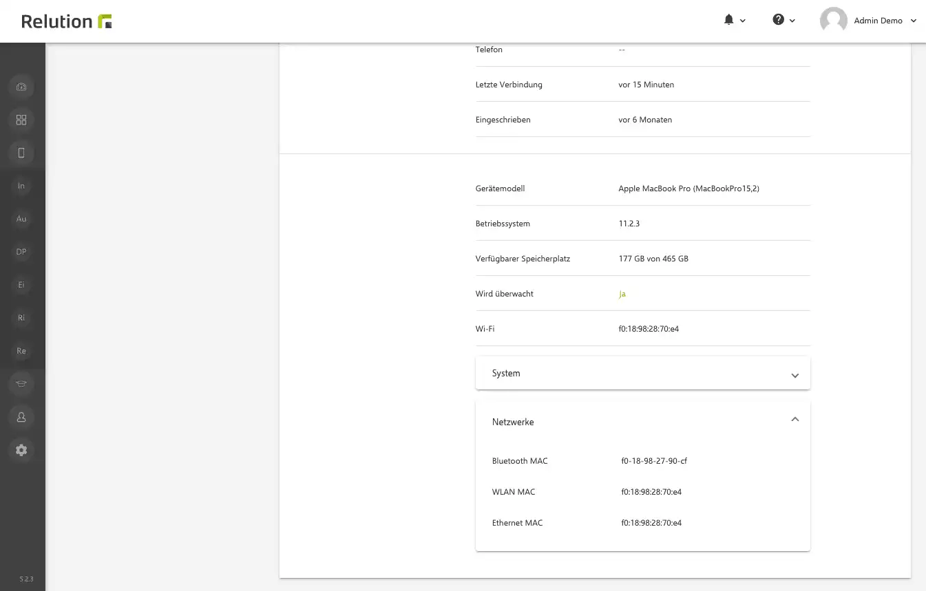 Geräteinformationen in Relution mit erweitertem Bereich „Netzwerk“ zur Anzeige der MAC-Adressen bei macOS-Geräten