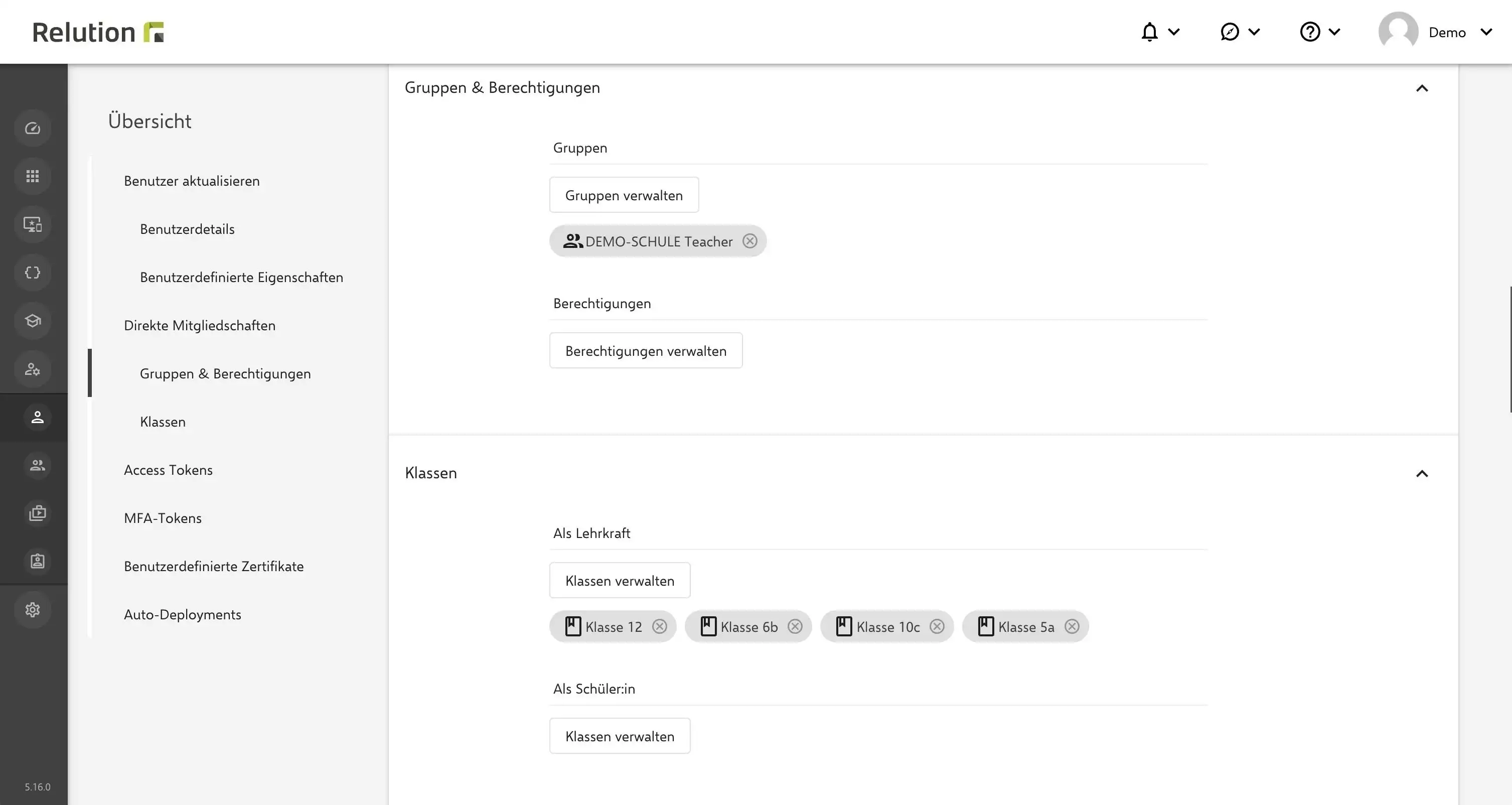 Neue Sektion „Klassen“ in der Benutzeransicht von Relution zur schnellen Zuweisung von Lehrkräften und Schülern