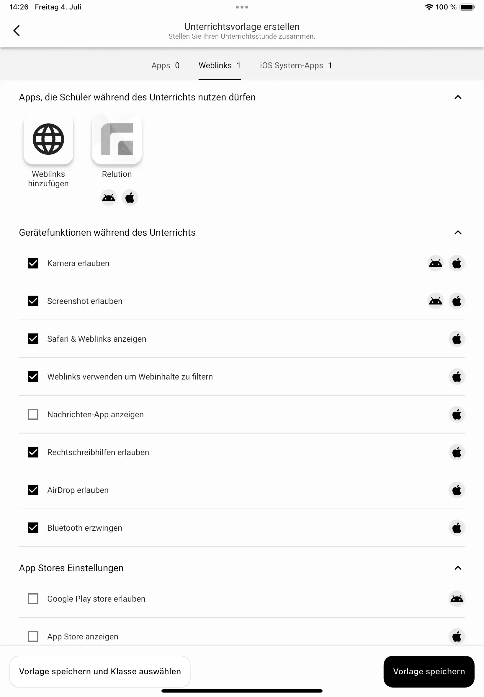 Darstellung in der Relution Teacher App mit der Funktion zum Hinzufügen vordefinierter Weblinks für Safari sowie Einstellungen wie „Kamera erlauben“ und „AirDrop erlauben“