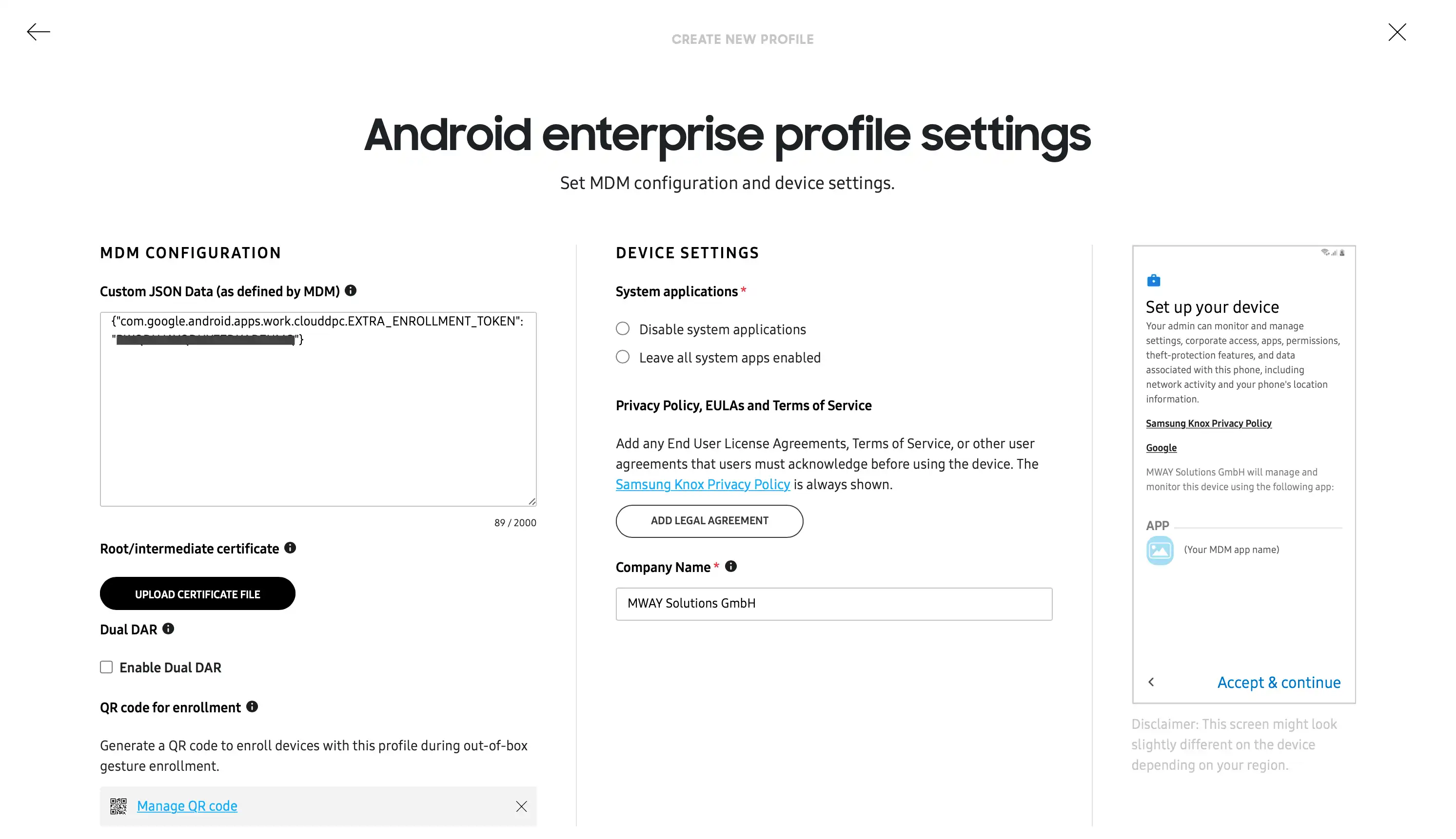 Máscara de entrada en el portal KME para transferir el código Multi-Enrollment mediante JSON personalizado en la configuración del perfil Android Enterprise