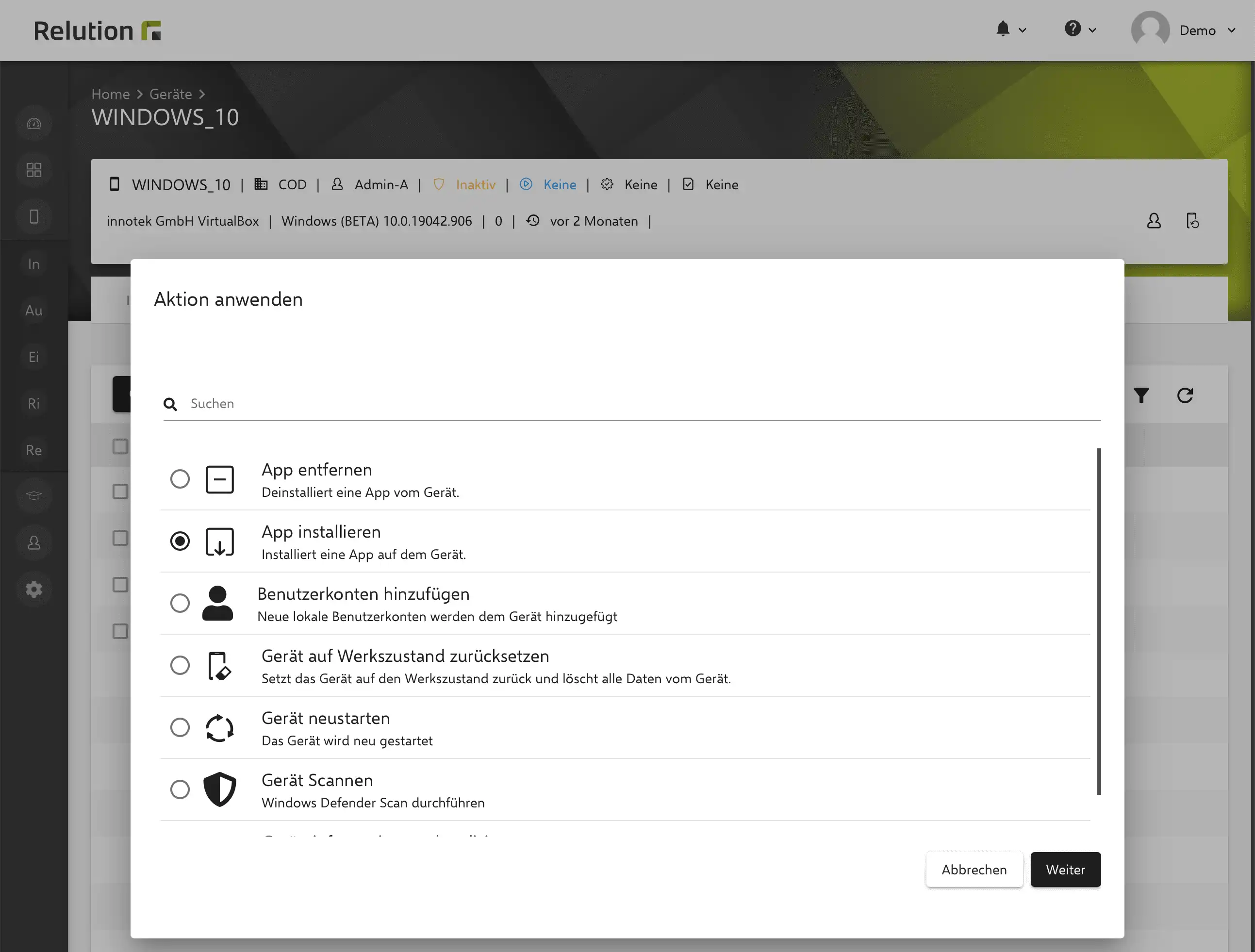 Aktionen in Relution zur Installation von nativen Apps und public Apps aus dem Windows Store auf spezifischen Windows 10/11-Geräten