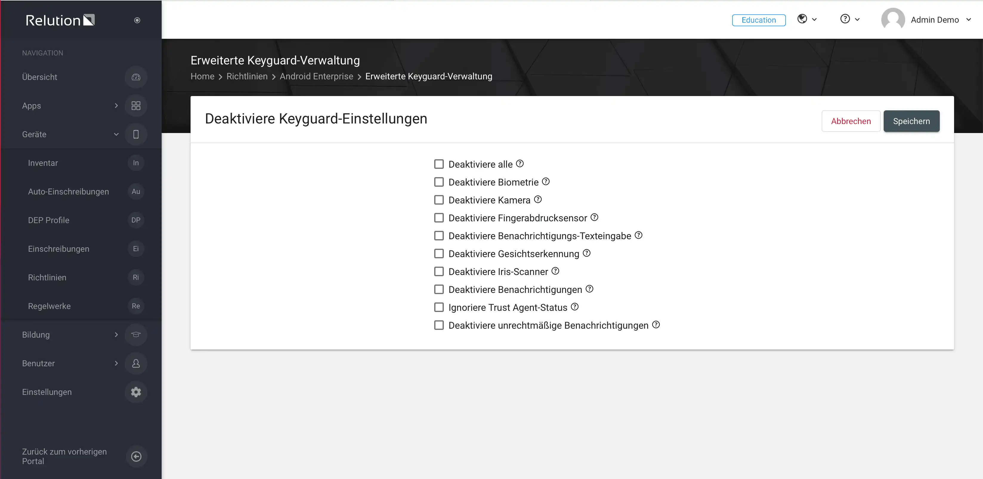 Konfigurationsansicht in Relution zur „Erweiterten Keyguard-Verwaltung“ mit Optionen zur Einschränkung von Funktionen auf dem Sperrbildschirm, wie Entsperren und Kamera