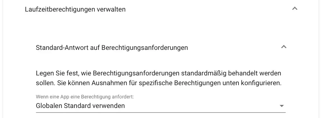 Konfiguration in Relution zur Verwaltung von Laufzeitberechtigungen, bei der der Administrator festlegt, wie App-Anfragen nach Zugriffen wie Kamera oder GPS beantwortet werden