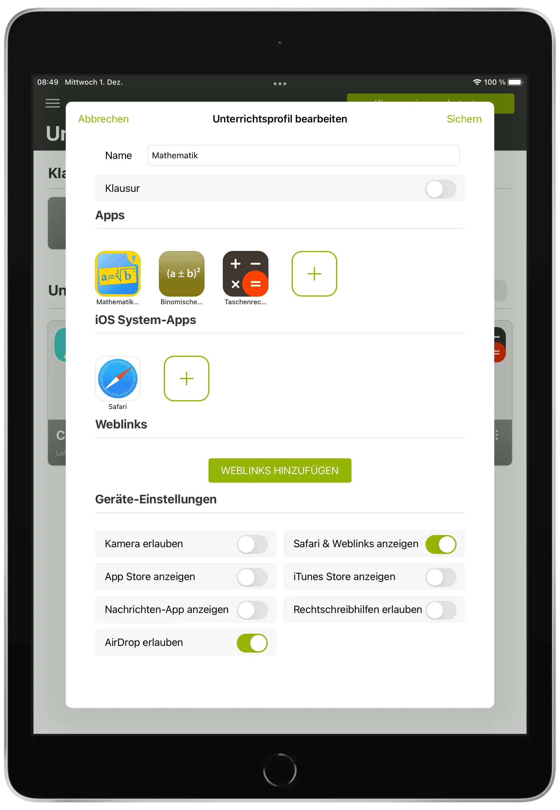Darstellung in der Relution Teacher App mit Einstellungen zur Bereitstellung von pädagogisch relevanten Apps, Weblinks und Systemfunktionen