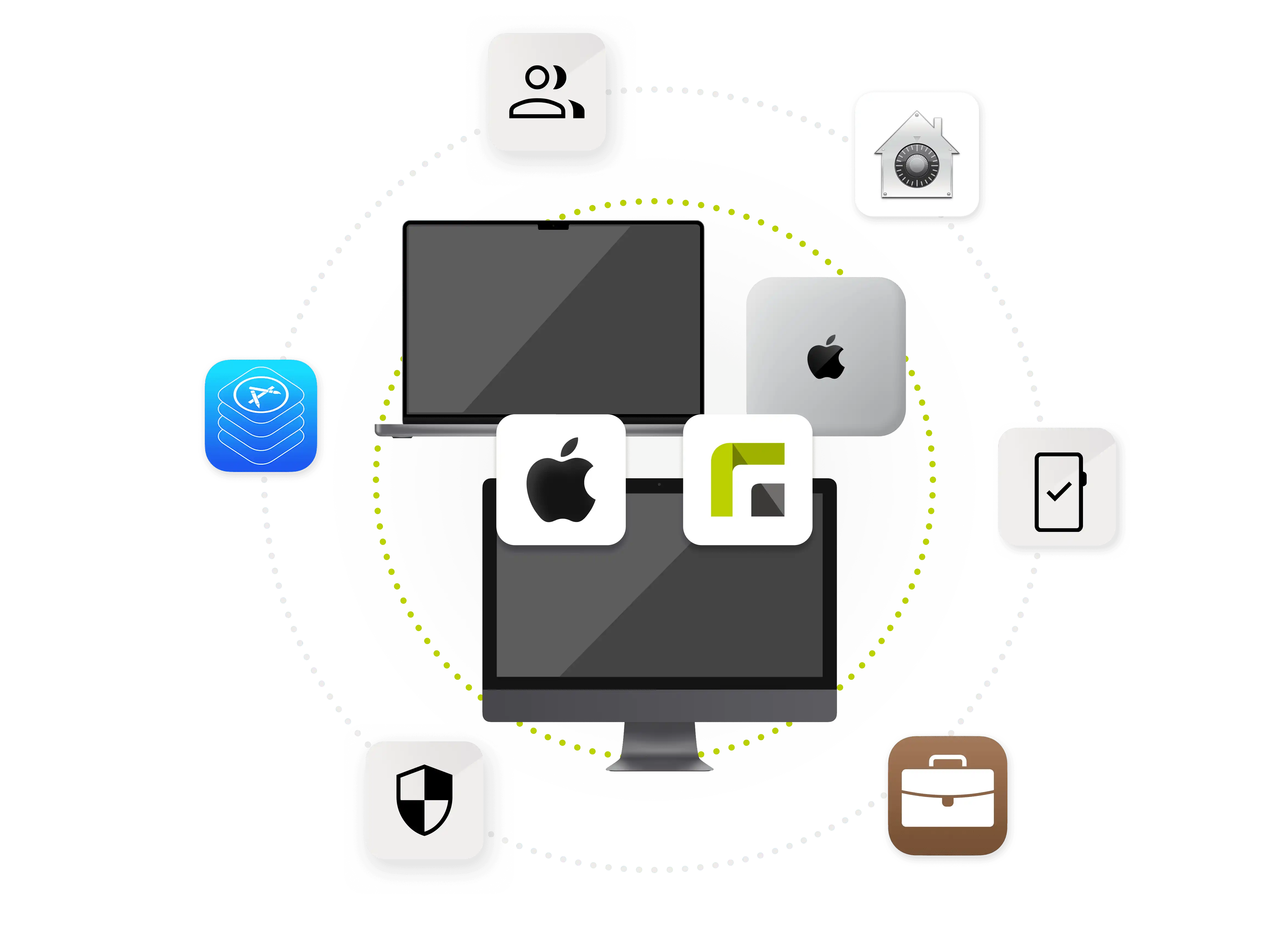 Ilustración de dispositivos Apple con los logotipos de Apple y Relution, rodeados de diversos iconos de funciones