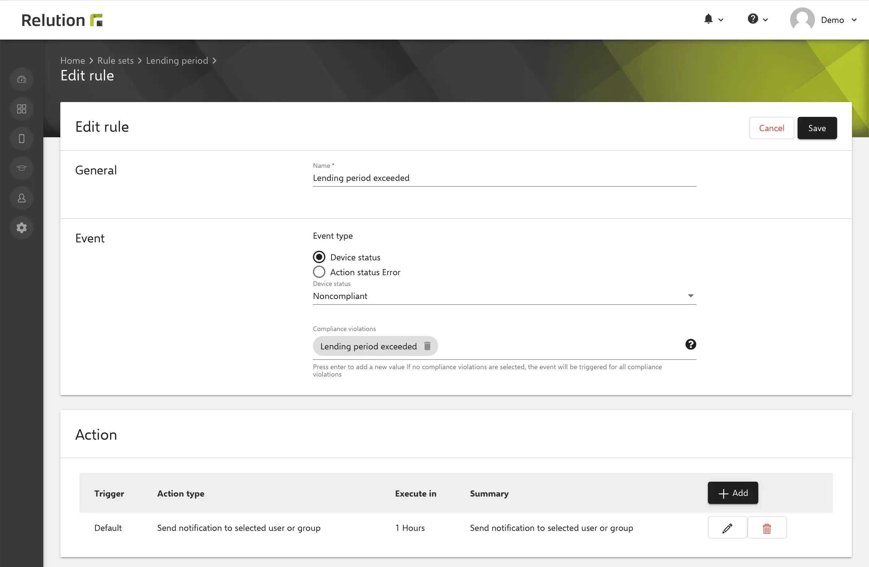 Vue dans l'application Relution pour configurer des règles en cas de dépassement de la période de prêt d'un appareil