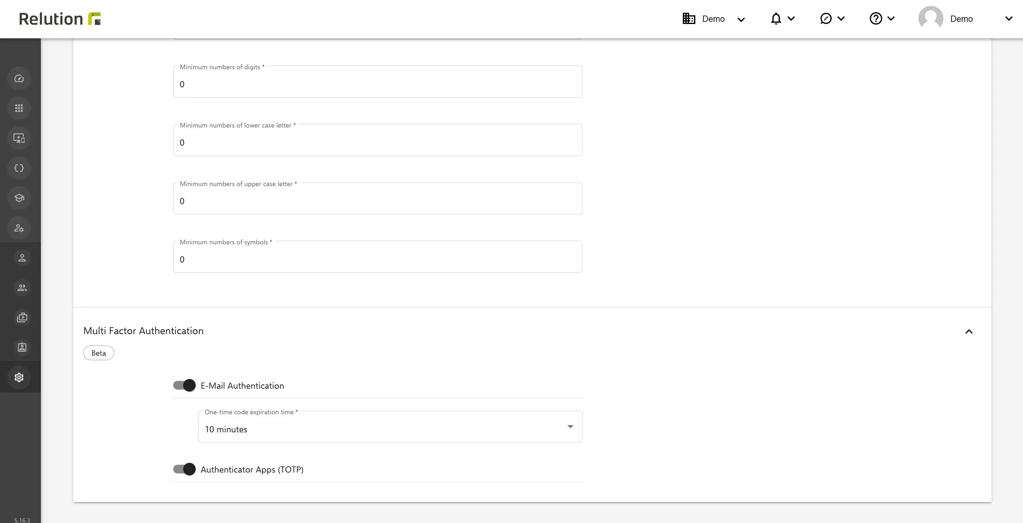View of the configuration options for Multi-Factor Authentication in Relution, including the choice between email authentication and authenticator apps