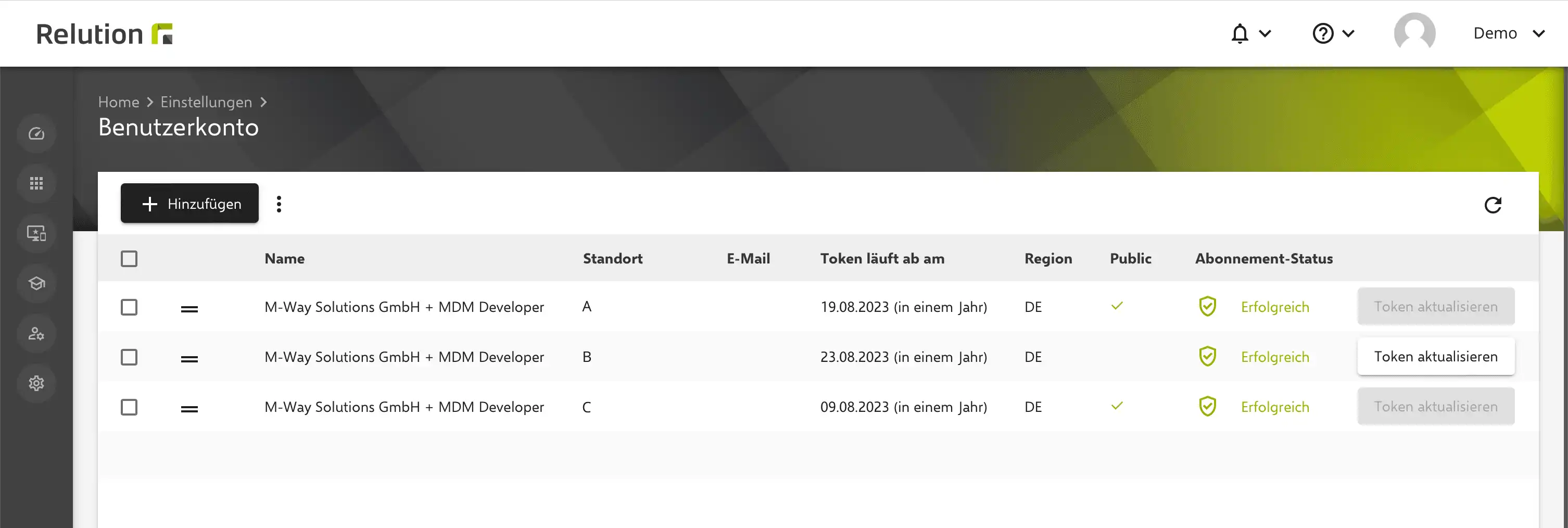 Übersicht der VPP-Token-Einstellungen in Relution Store Orga für automatische Verteilung und Lizenzzuweisung
