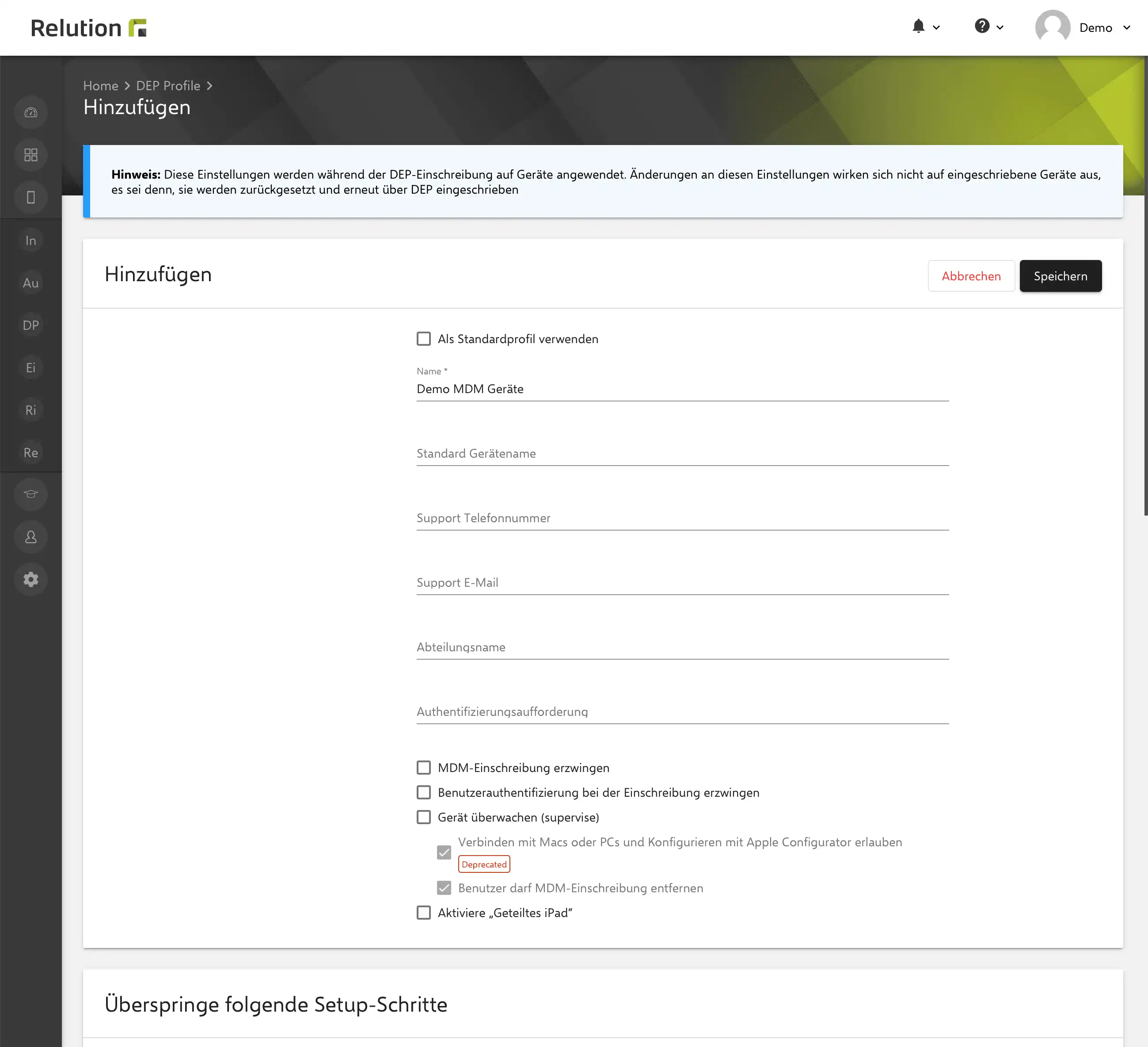 Darstellung der „DEP-Profile“ in Relution mit Optionen wie „MDM-Einschreibung erzwingen“, „Gerät überwachen (supervise)“ und „Benutzer darf MDM-Einschreibung entfernen“