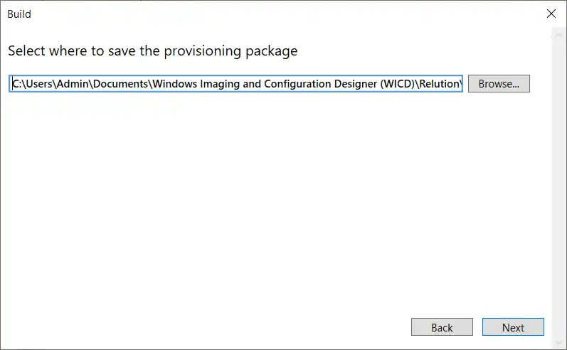 Darstellung des Auswahldialogs „Speicherort für das Bereitstellungspaket auswählen“ mit einem lokalen Pfad im Rahmen der Windows Massenregistrierung