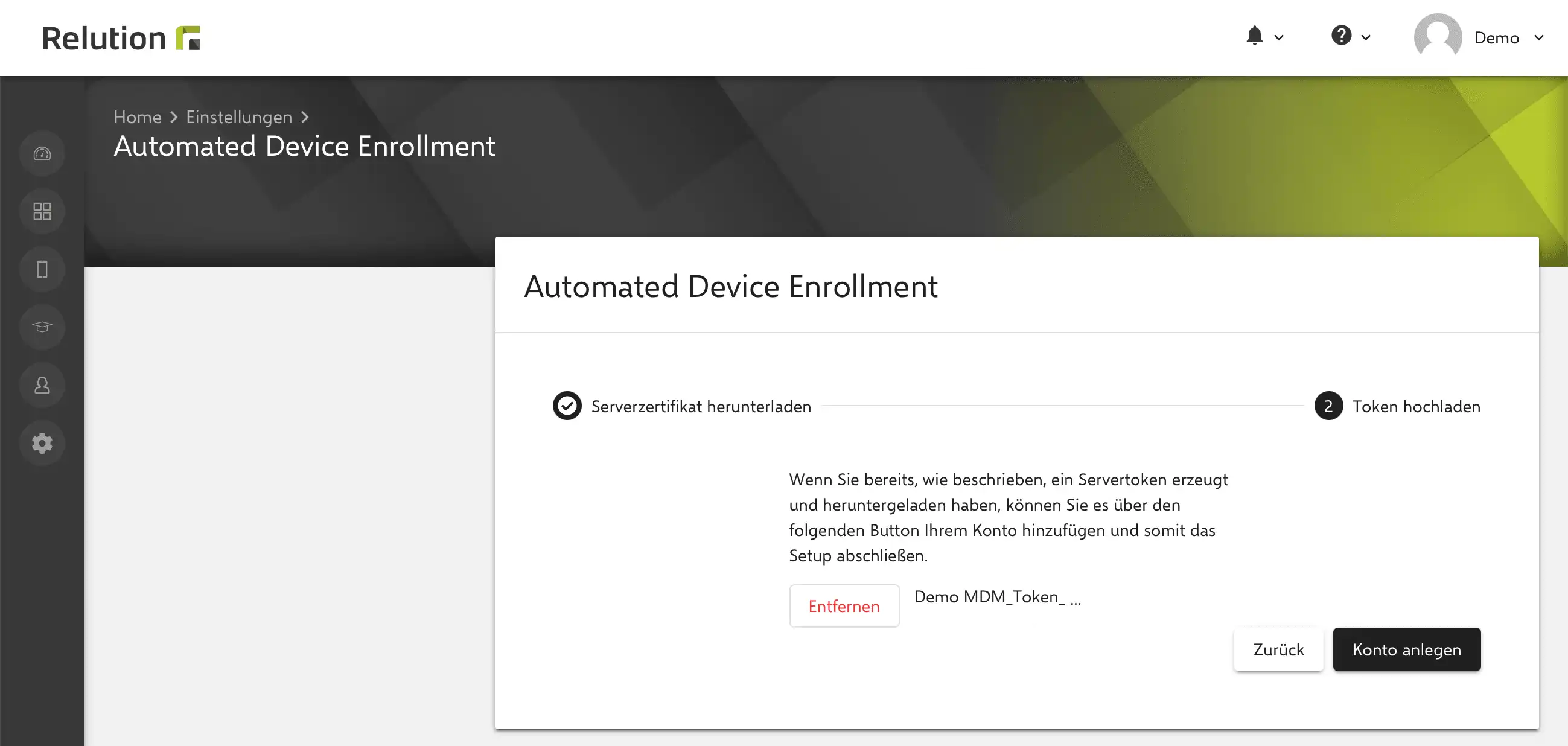 Option in Relution, den Apple Business Manager oder Apple School Manager durch das Hochladen eines Tokens für die Nutzung von DEP zu verknüpfen