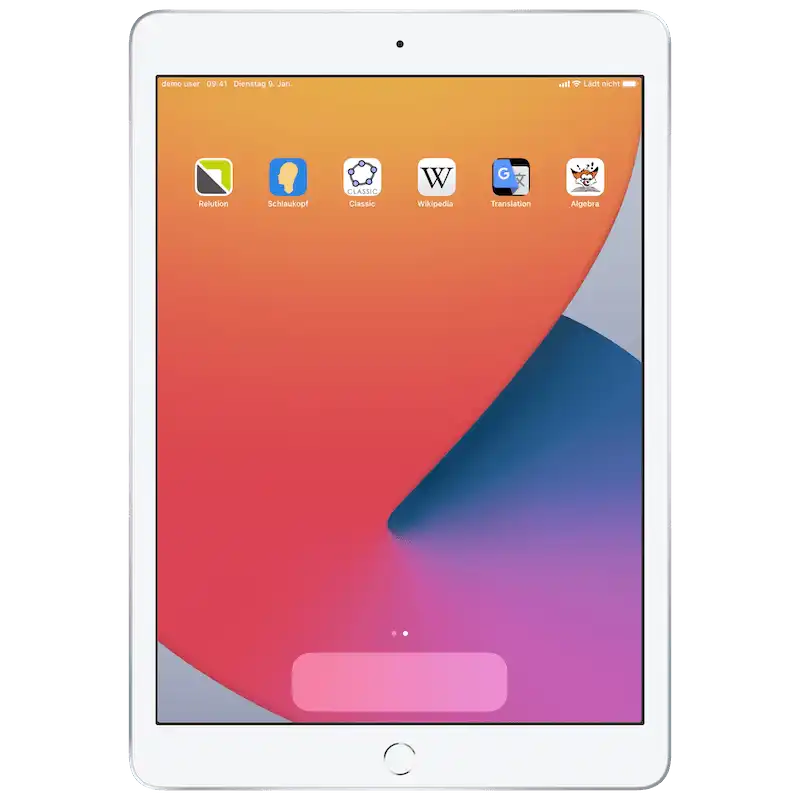 Startbildschirm eines iPads mit installierten App-Icons, die nach der Anmeldung mit der entsprechenden Managed Apple ID per Auto-Deployment bereitgestellt wurden
