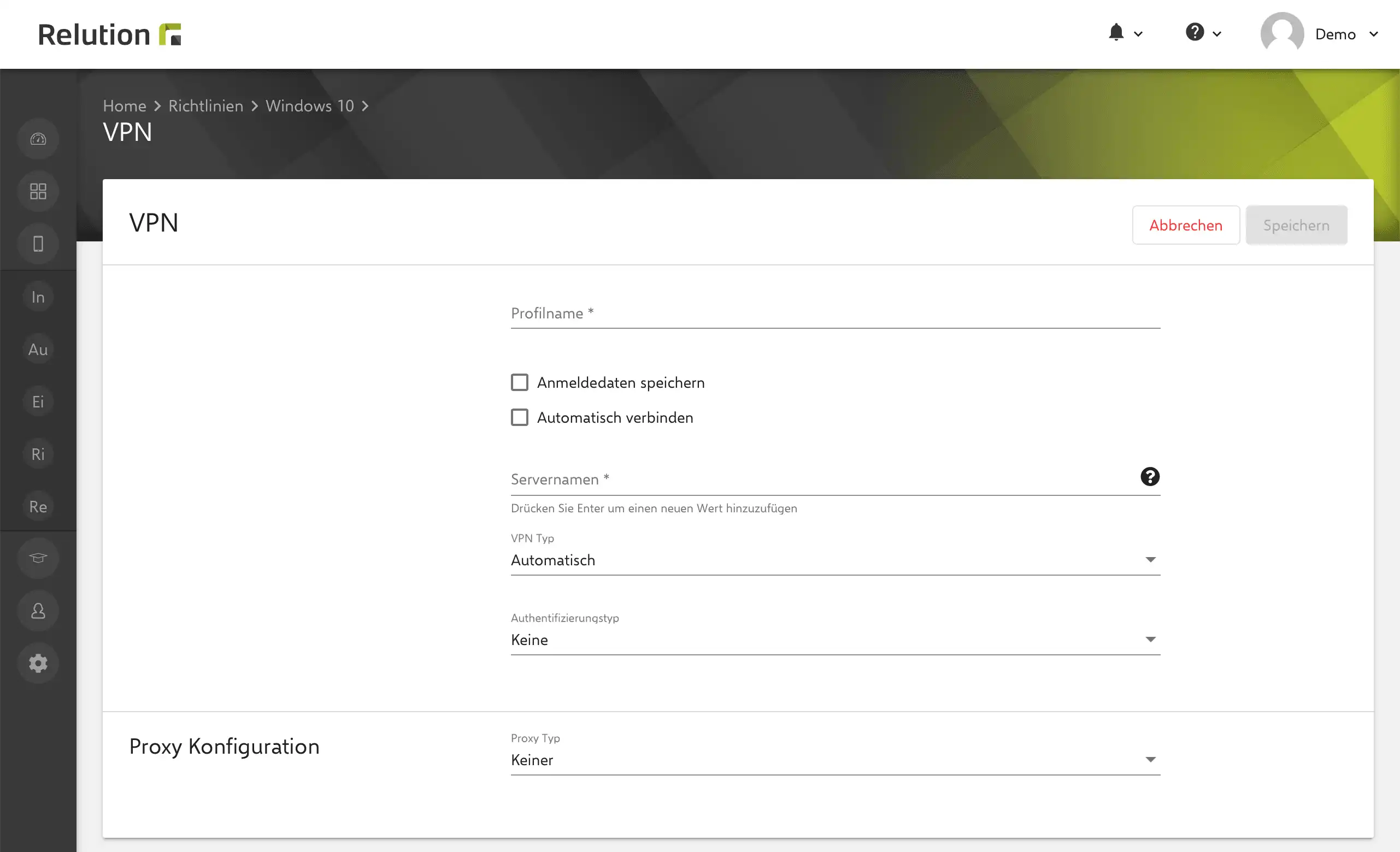 Vordefinierte VPN-Einstellungen in Relution für Windows 10/11-Geräte zur Einrichtung einer sicheren Netzwerkverbindung