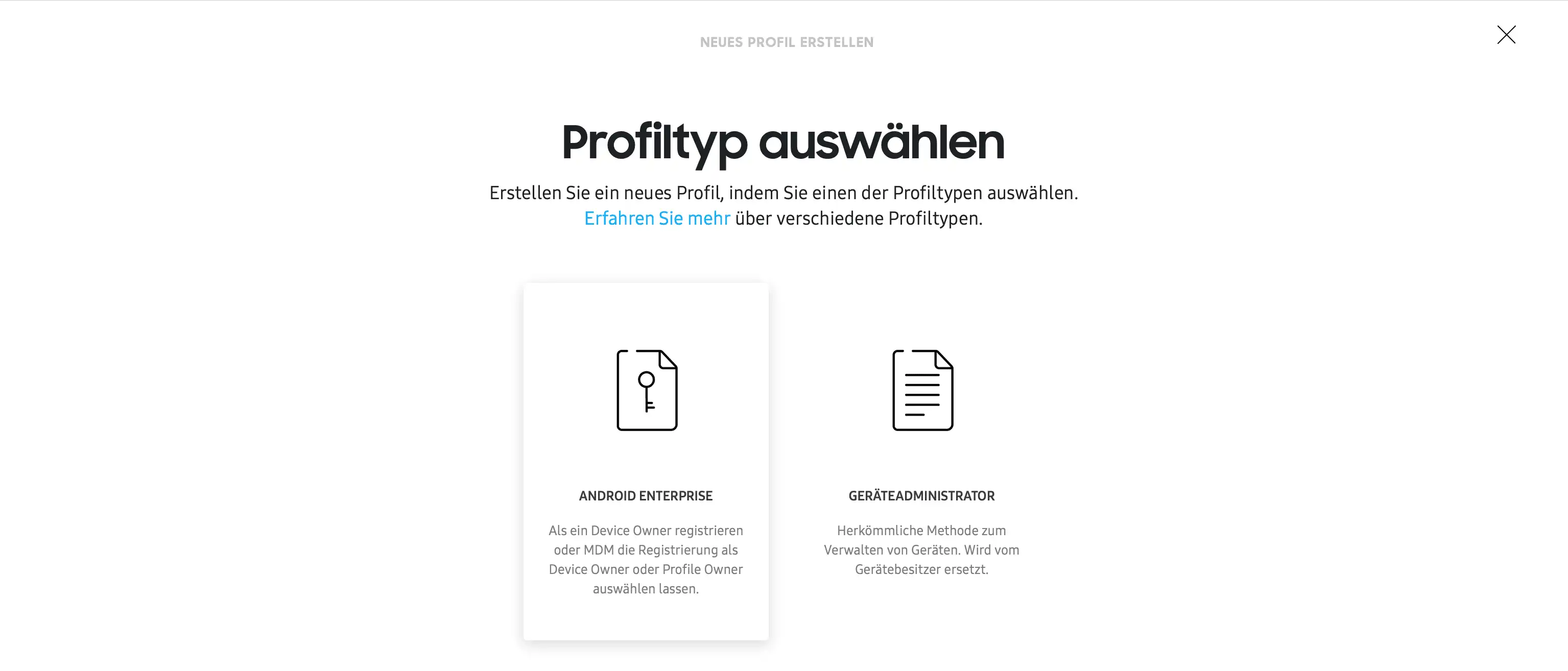 Konfigurationsschritt im KME-Portal mit der Auswahl des Profiltyps „Android Enterprise“ nach Erstellung eines neuen MDM-Profils