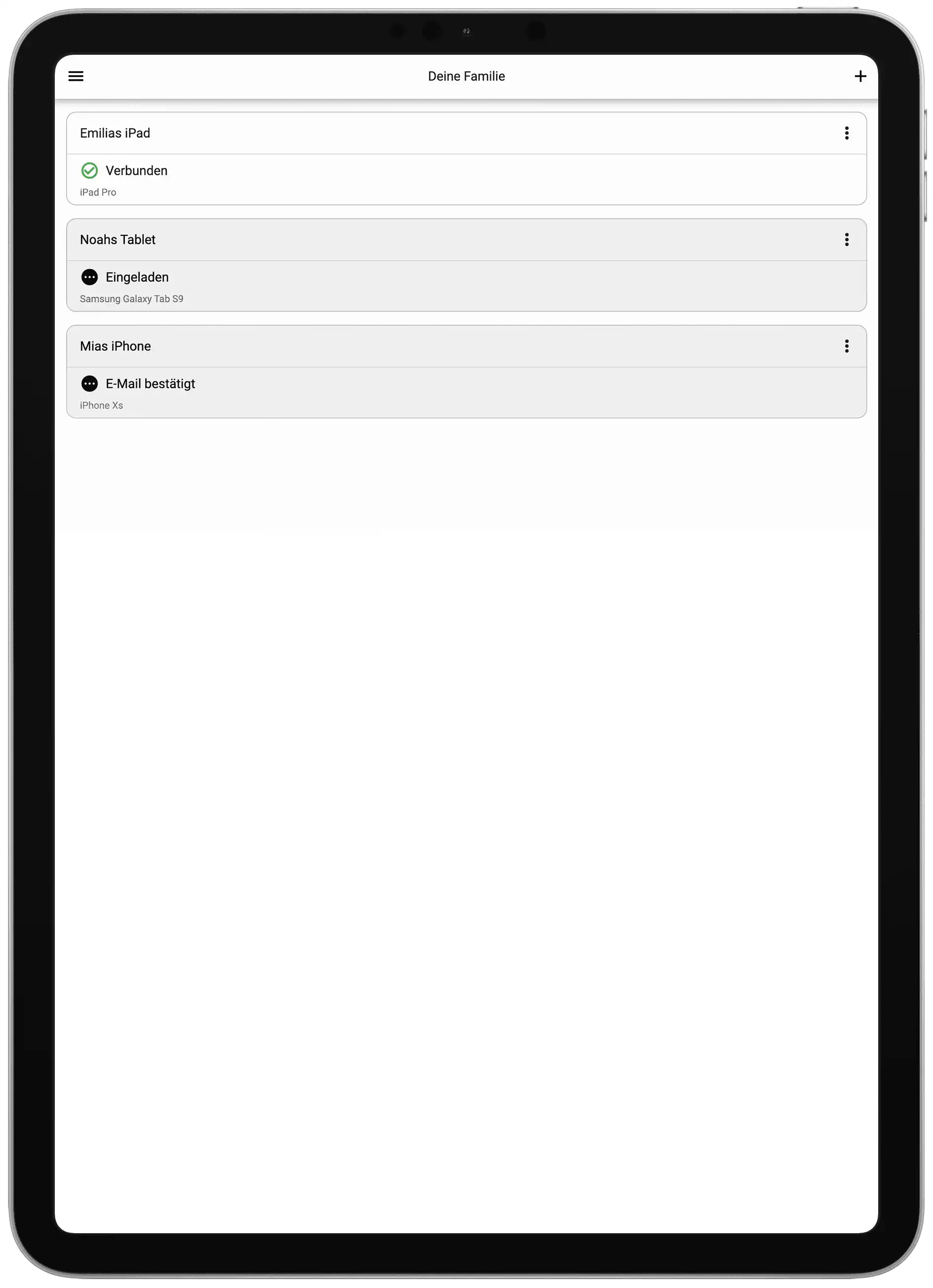 Screenshot aus der Relution Parent App mit einer Liste der verwalteten Schülergeräte der Kinder