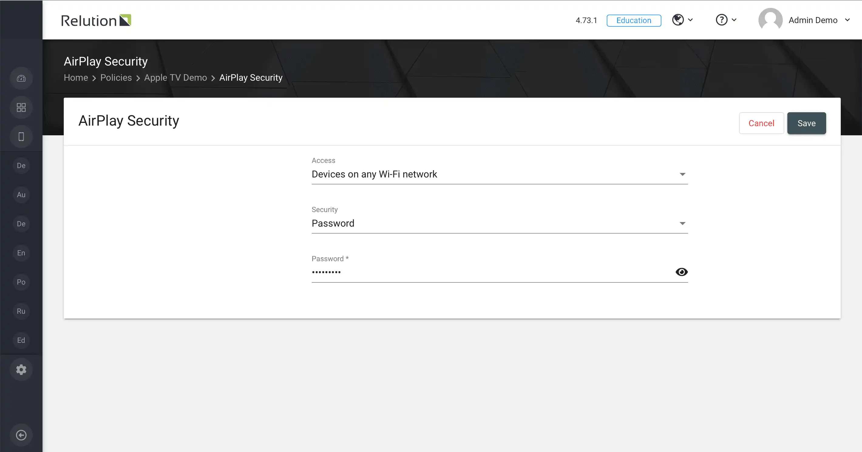 Configuration screen for "AirPlay Security" settings in Relution to manage device access to Apple TVs via password or displayed code