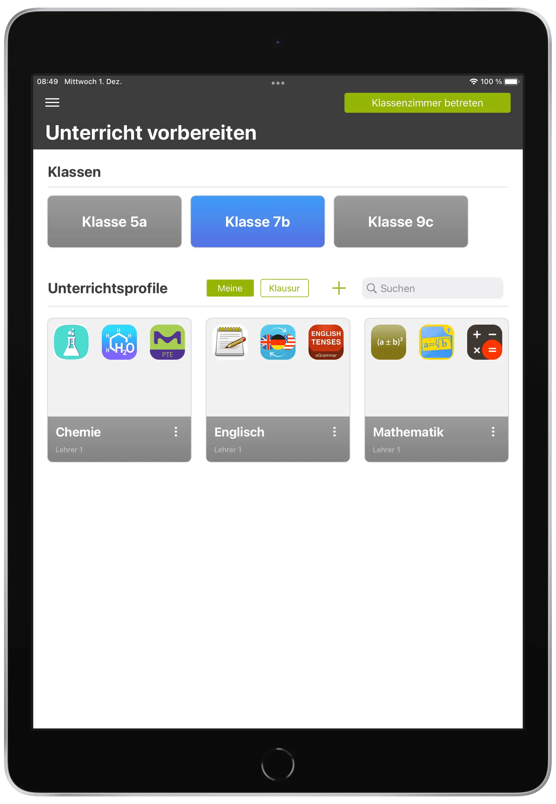 Screenshot aus der Relution Teacher App mit Auswahl einer Klasse sowie der Schaltfläche „Klassenzimmer betreten“ zum Starten des virtuellen Unterrichts