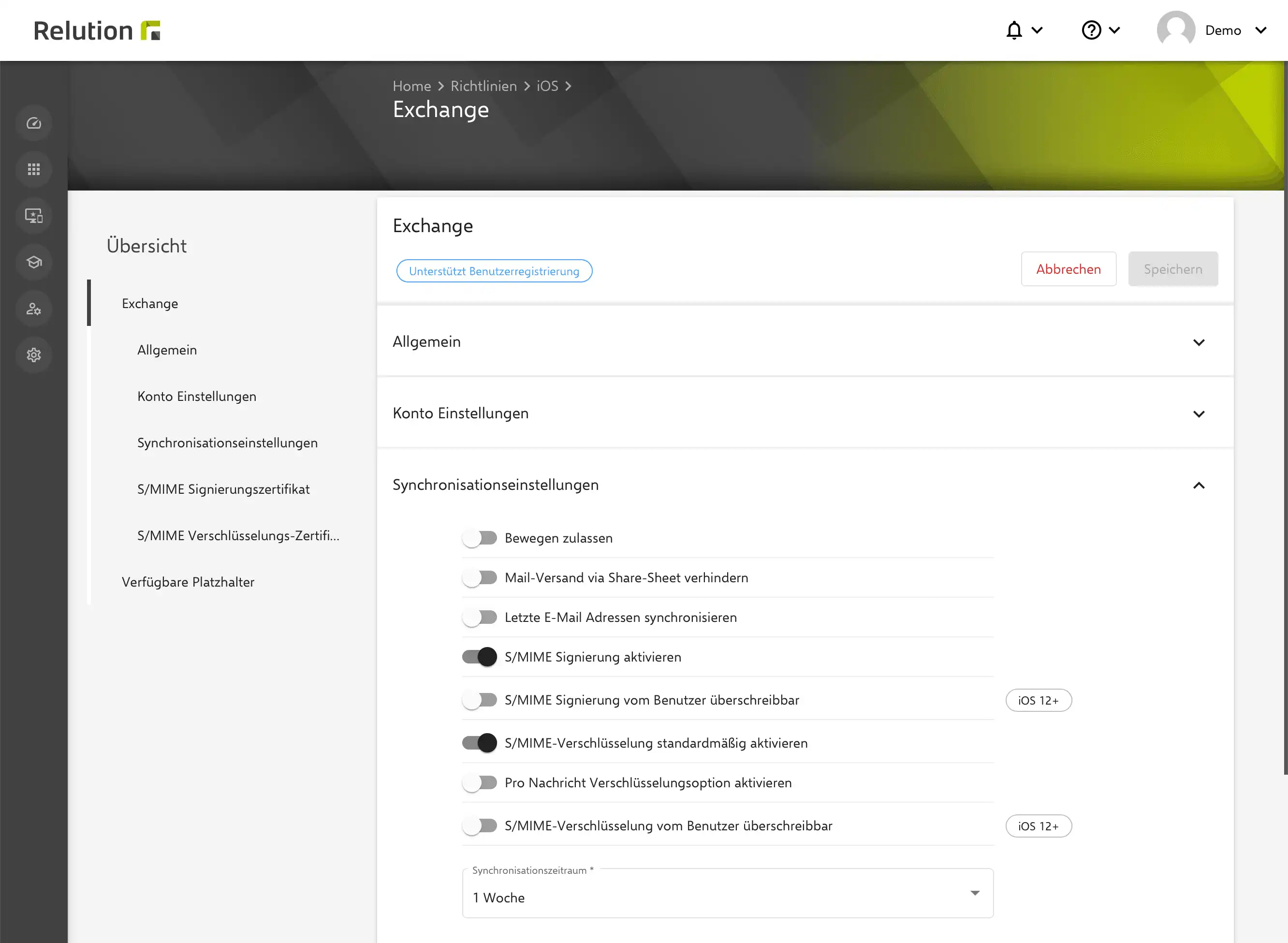 Ansicht der Exchange-Einstellungen in Relution mit Optionen zur Aktivierung von S/MIME und Benutzerzertifikaten