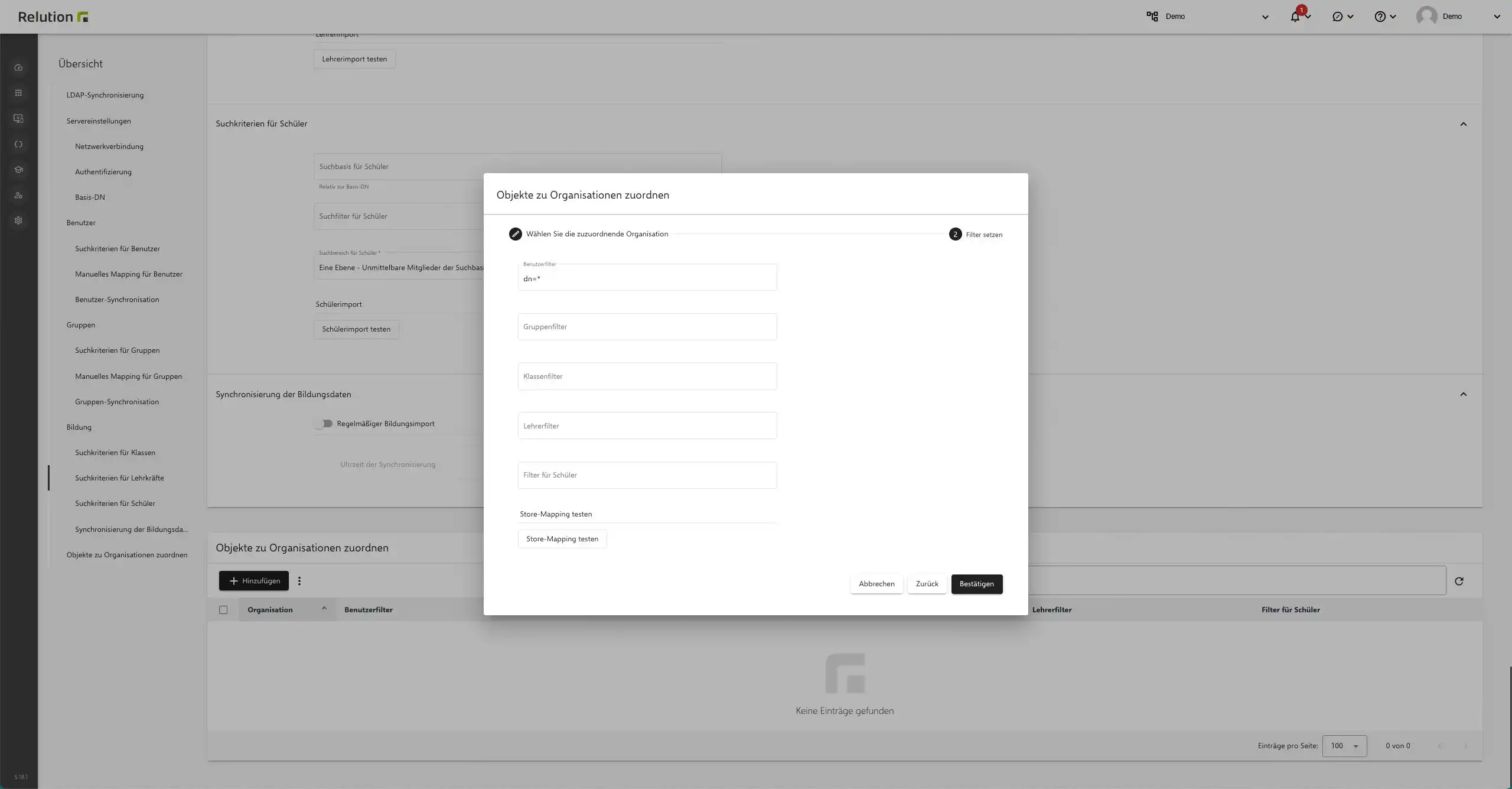 Funktion zur Zuordnung von Objekten in einzelnen Mandanten durch LDAP-Filter im globalen „Store“-Mandanten