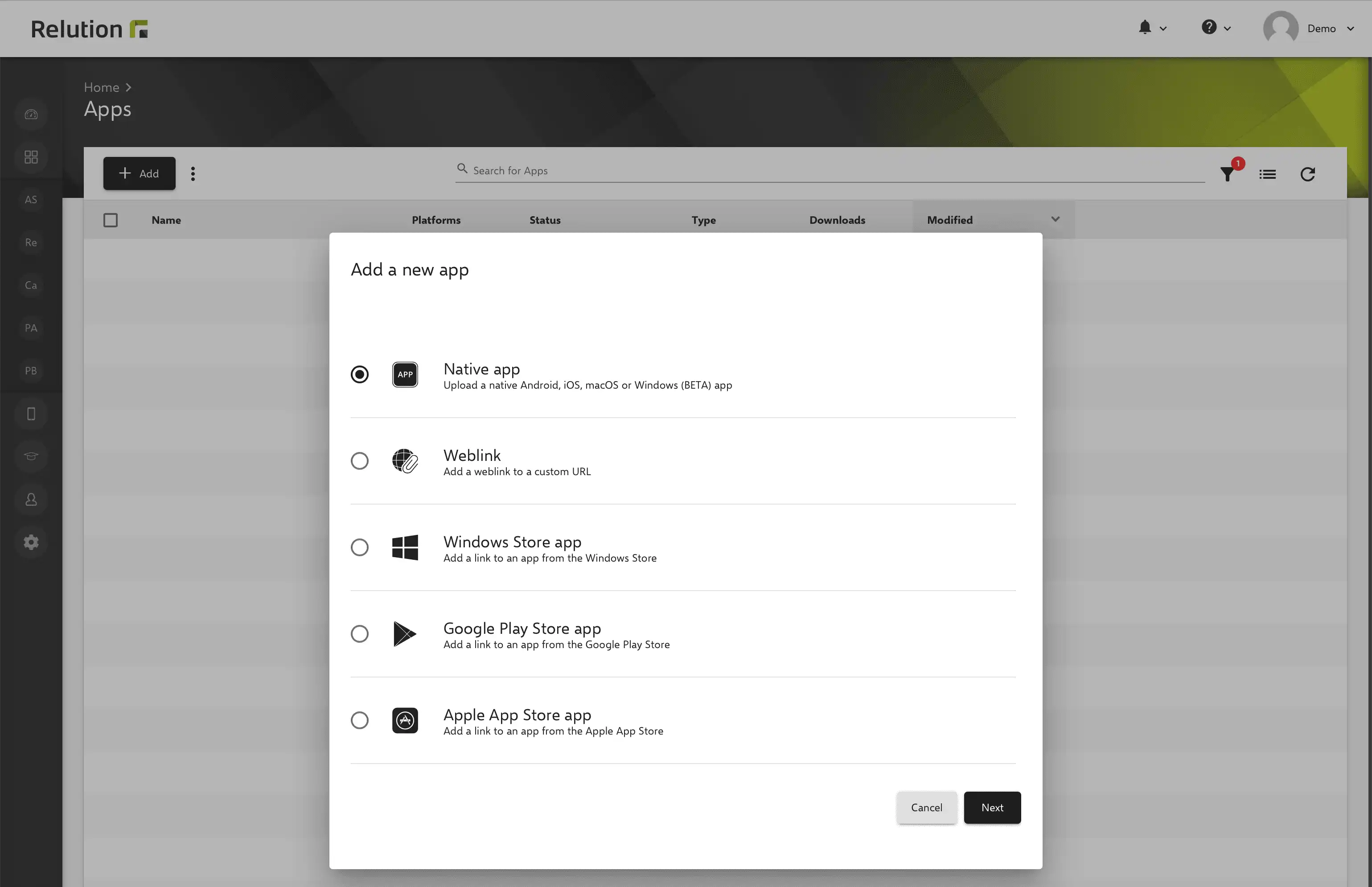 "Add new apps" section in Relution with the selection of a native Windows app for management
