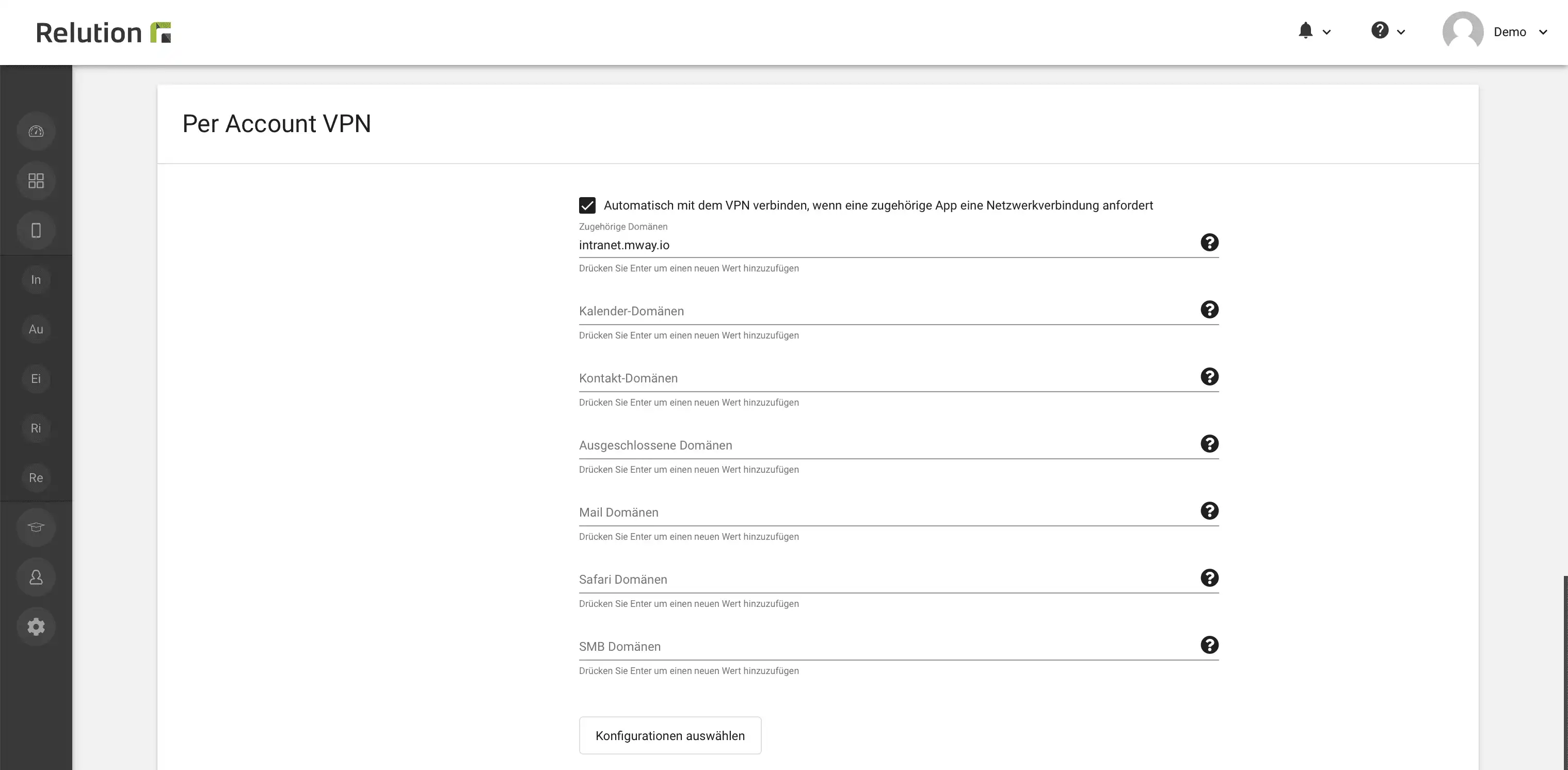 Eingabemaske in der VPN-Konfiguration von Relution zur Eintragung definierter Domänen für automatische Verbindungen auf iOS-Geräten