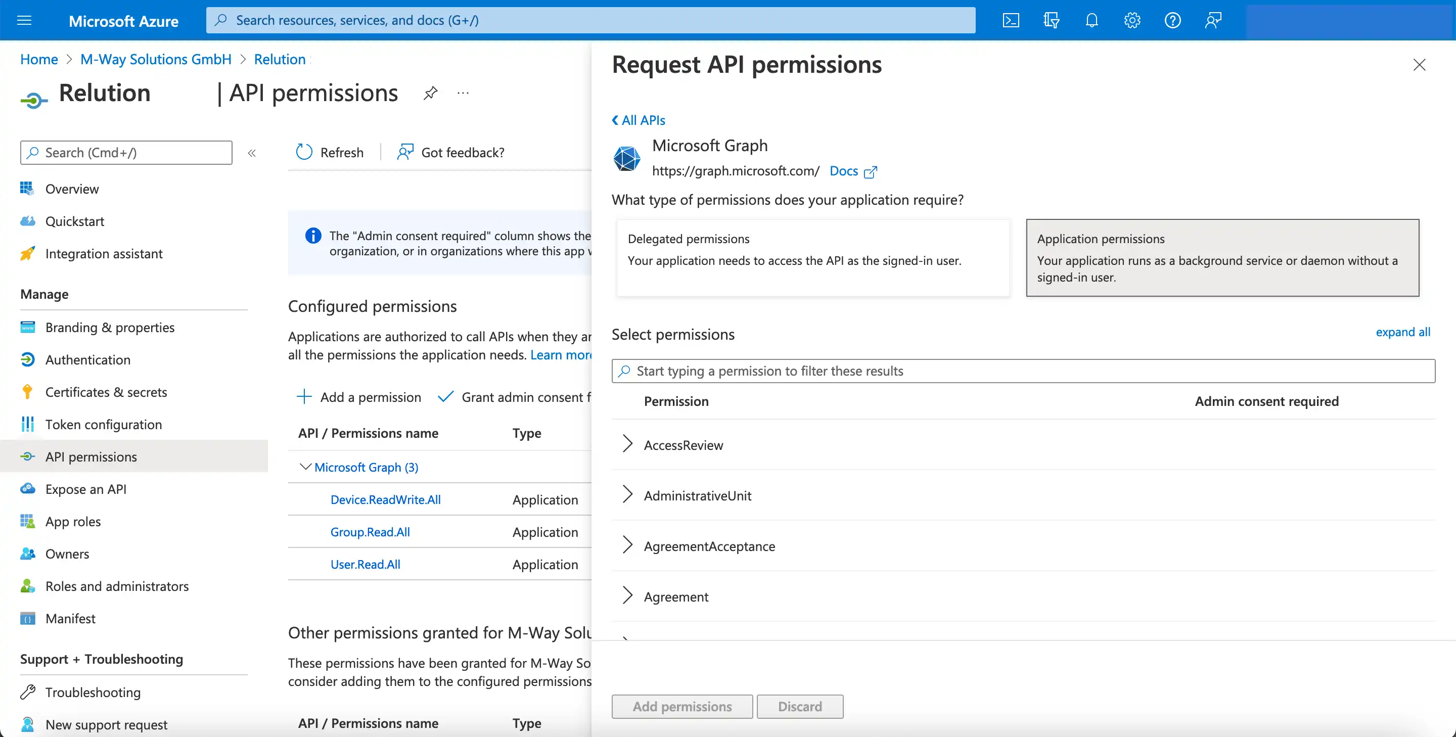 Ventana de diálogo en Microsoft Azure con la selección de la ficha « Permisos de aplicación » para la configuración