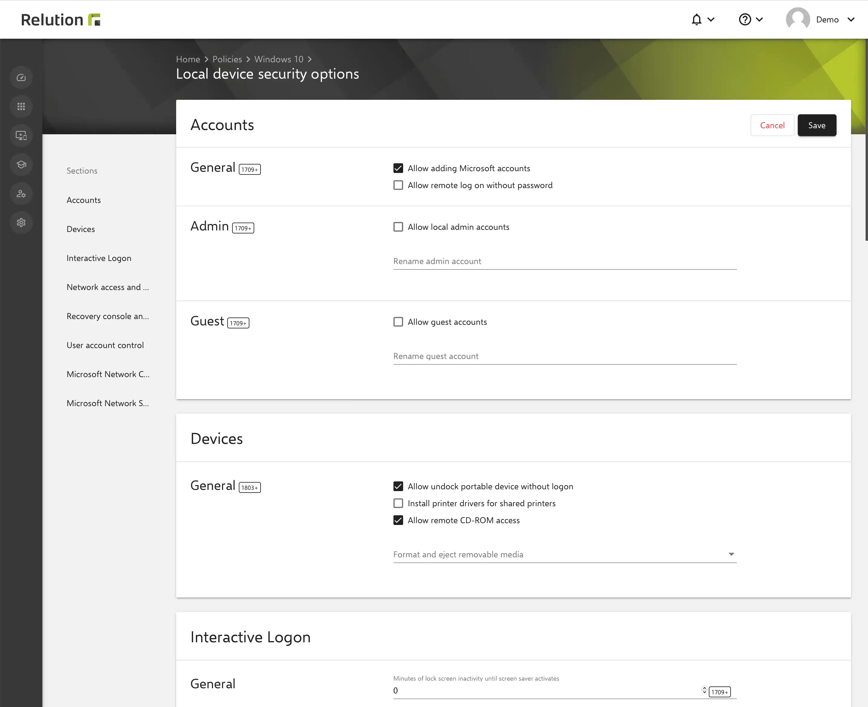 Configuración de opciones de seguridad locales en Relution para establecer restricciones y medidas de seguridad para dispositivos Windows y accesos locales