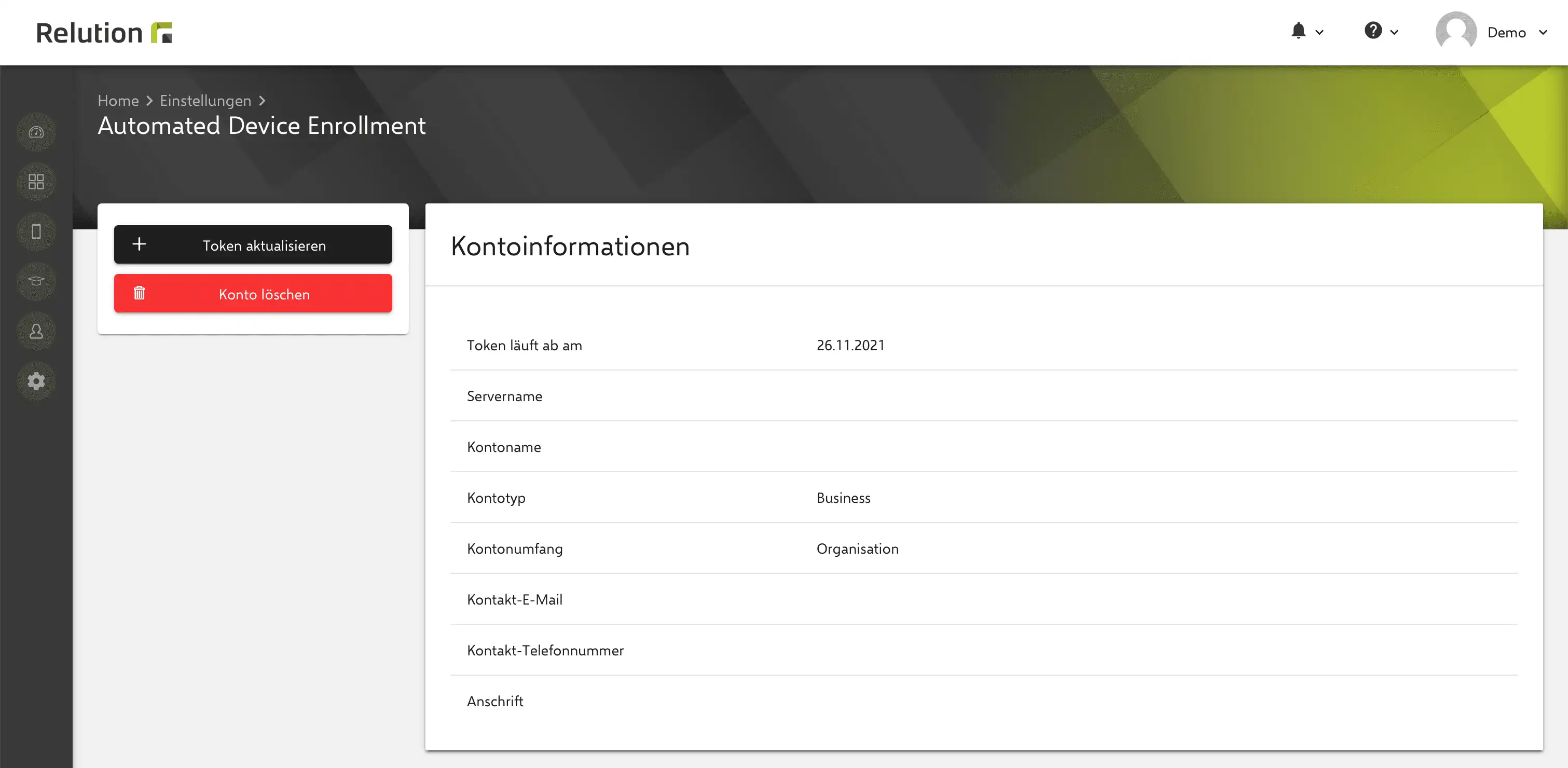 Ansicht in Relution mit Details zum Apple Token, einschließlich Ablaufdatum und Optionen zum Aktualisieren des Tokens oder Löschen des Kontos