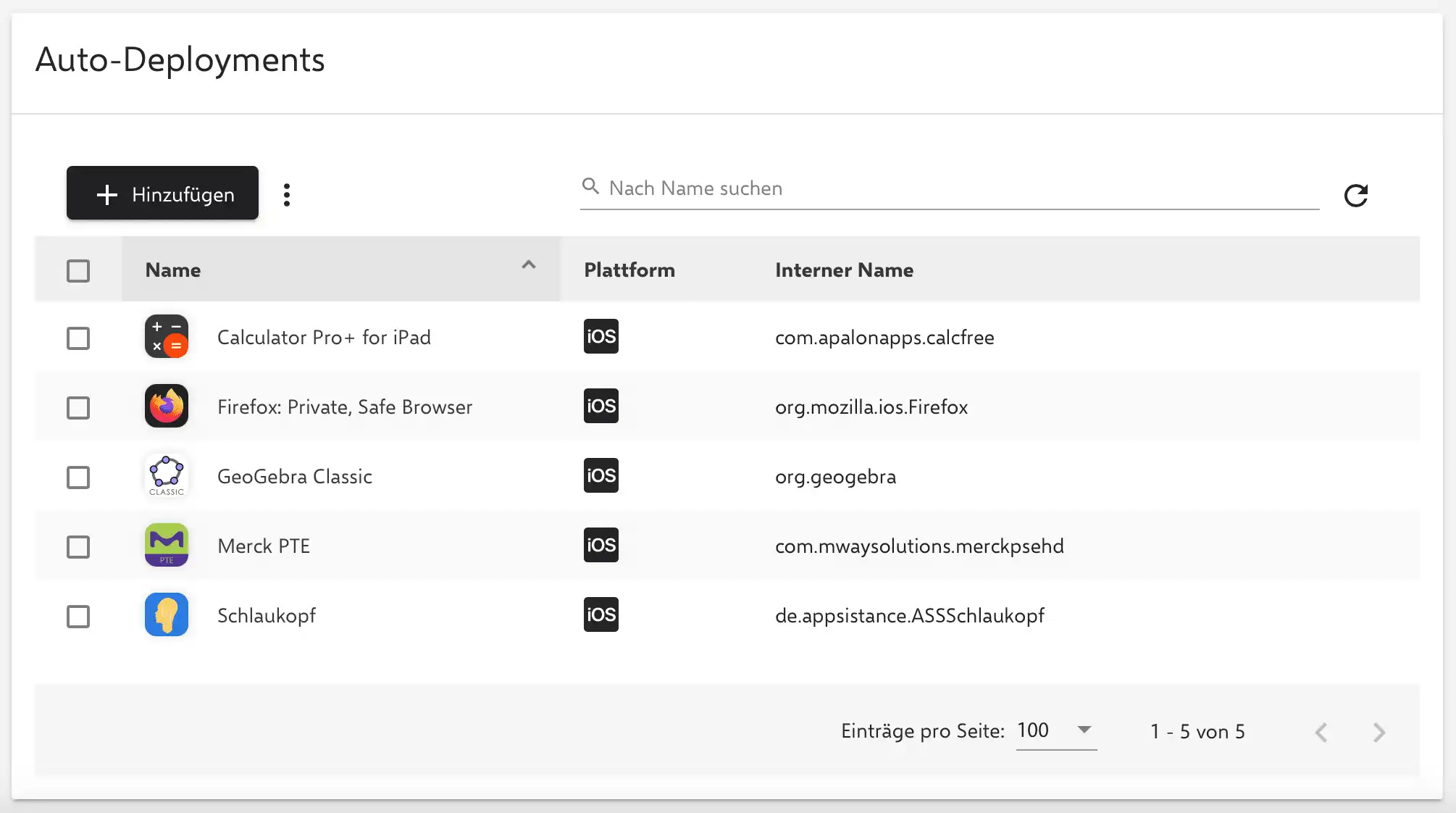 Screenshot in Relution, der die benutzerspezifische App-Bereitstellung nach dem Login über Auto-Deployments zeigt