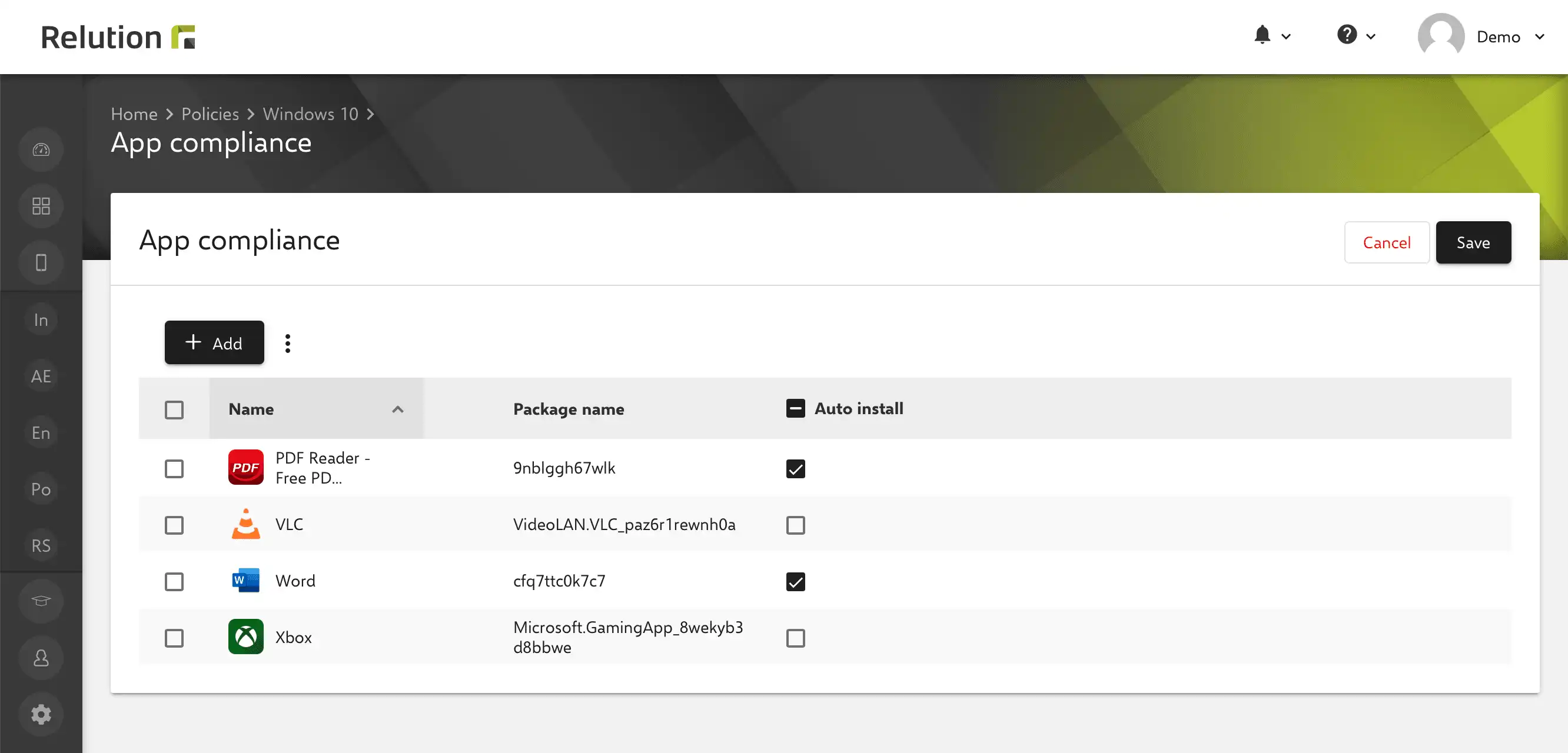 Configuration overview in Relution for installing apps on Windows 10/11 devices through policies with options for auto-installation and compatibility checks
