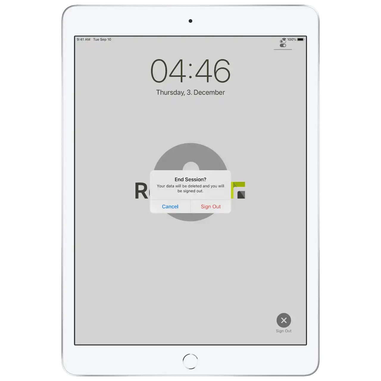 Ilustración de una pantalla de iPad con un aviso sobre el cierre de la sesión, que eliminará los datos y cerrará la sesión del usuario