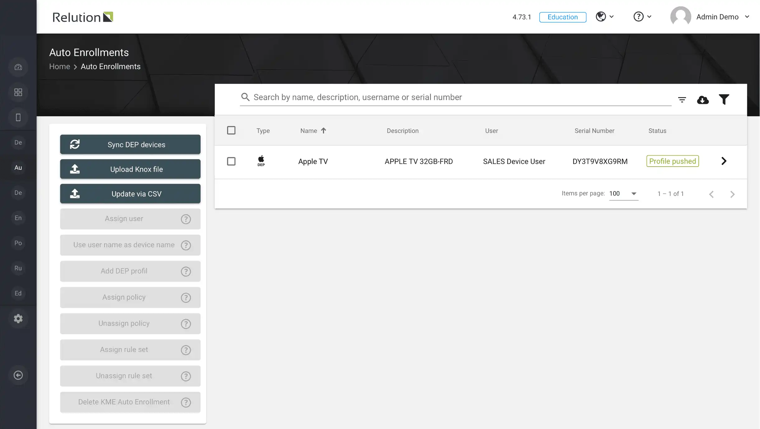 List view of auto enrollments in Relution showing an Apple TV after successful DEP synchronization with Apple School Manager